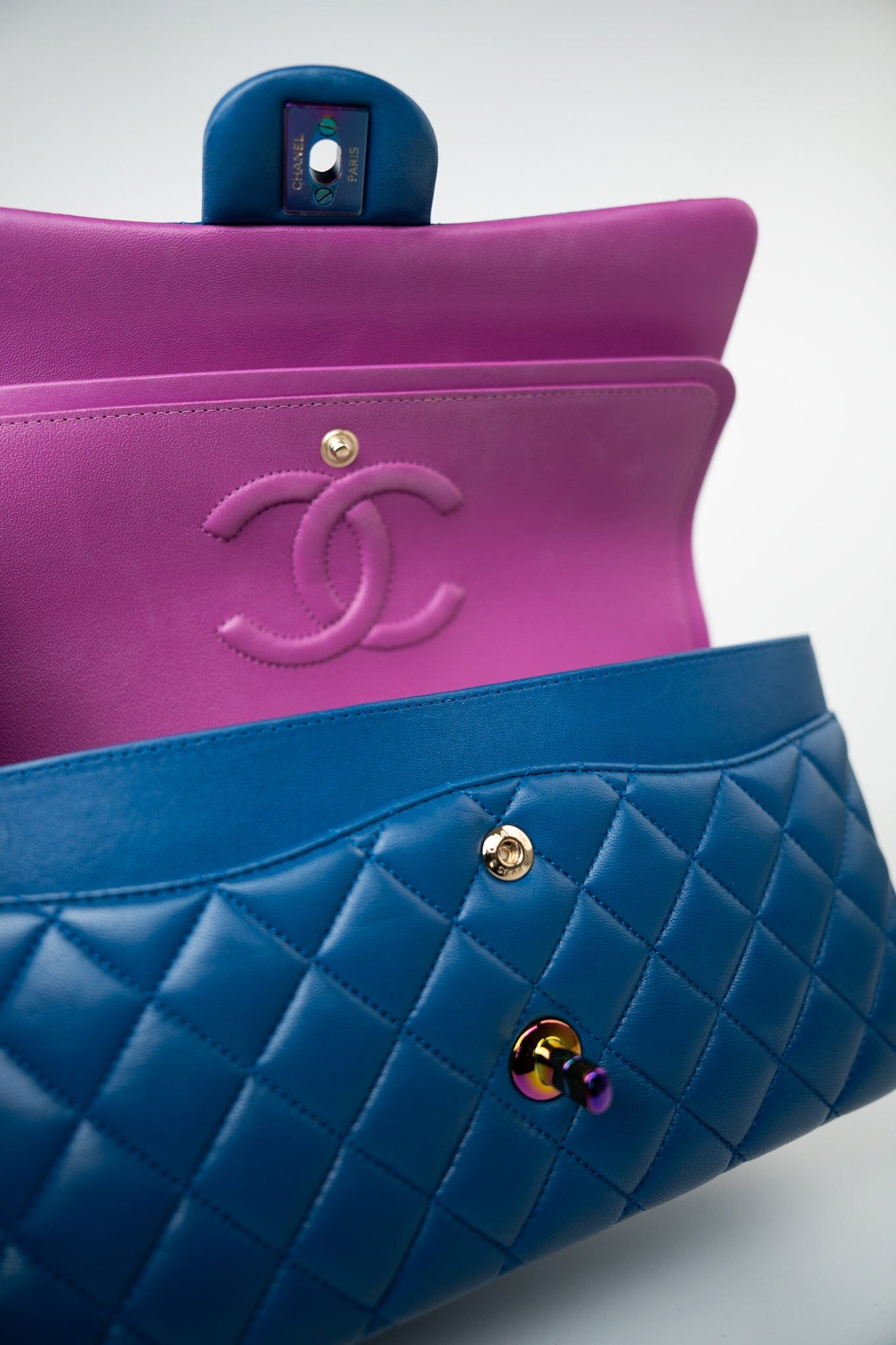 21P Blue Lambskin Quilted Classic Flap Medium Rainbow Hardware