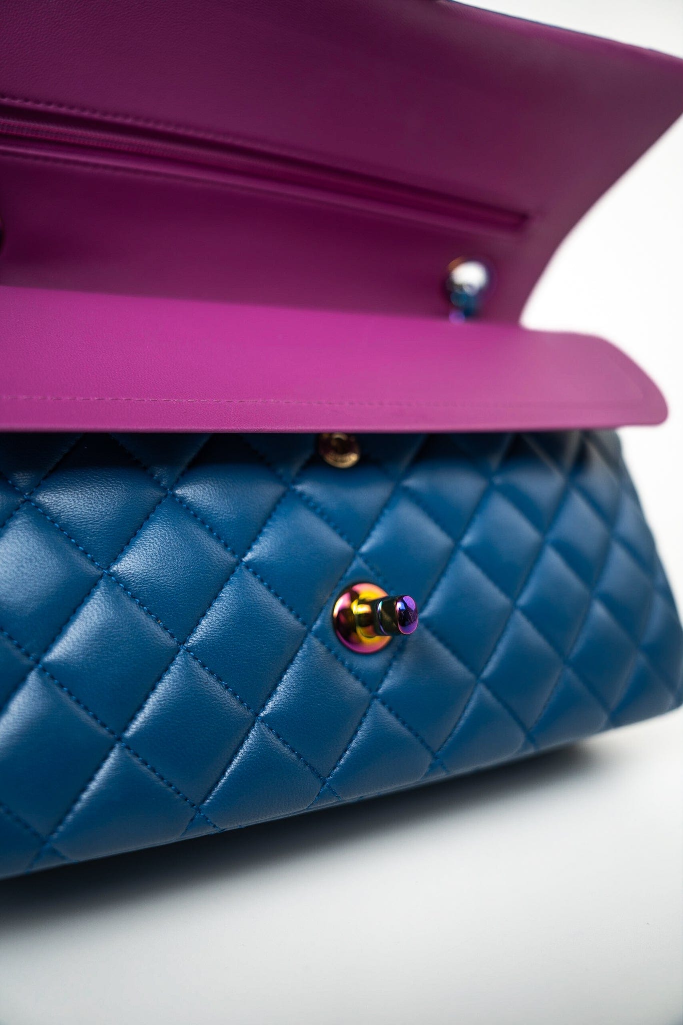 21P Blue Lambskin Quilted Classic Flap Medium Rainbow Hardware