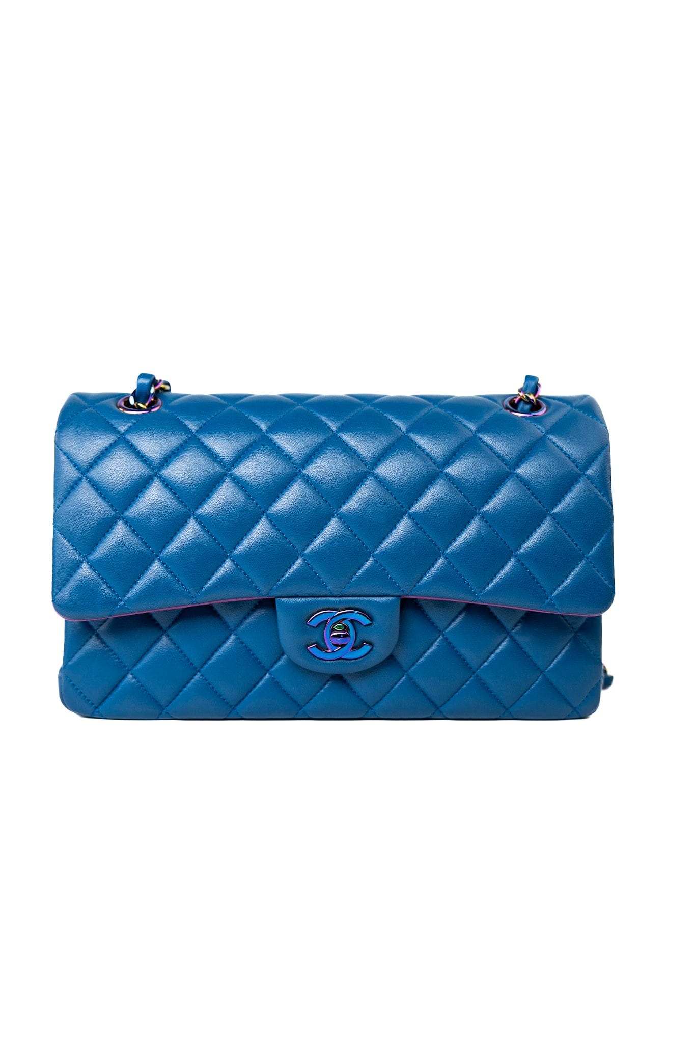 21P Blue Lambskin Quilted Classic Flap Medium Rainbow Hardware