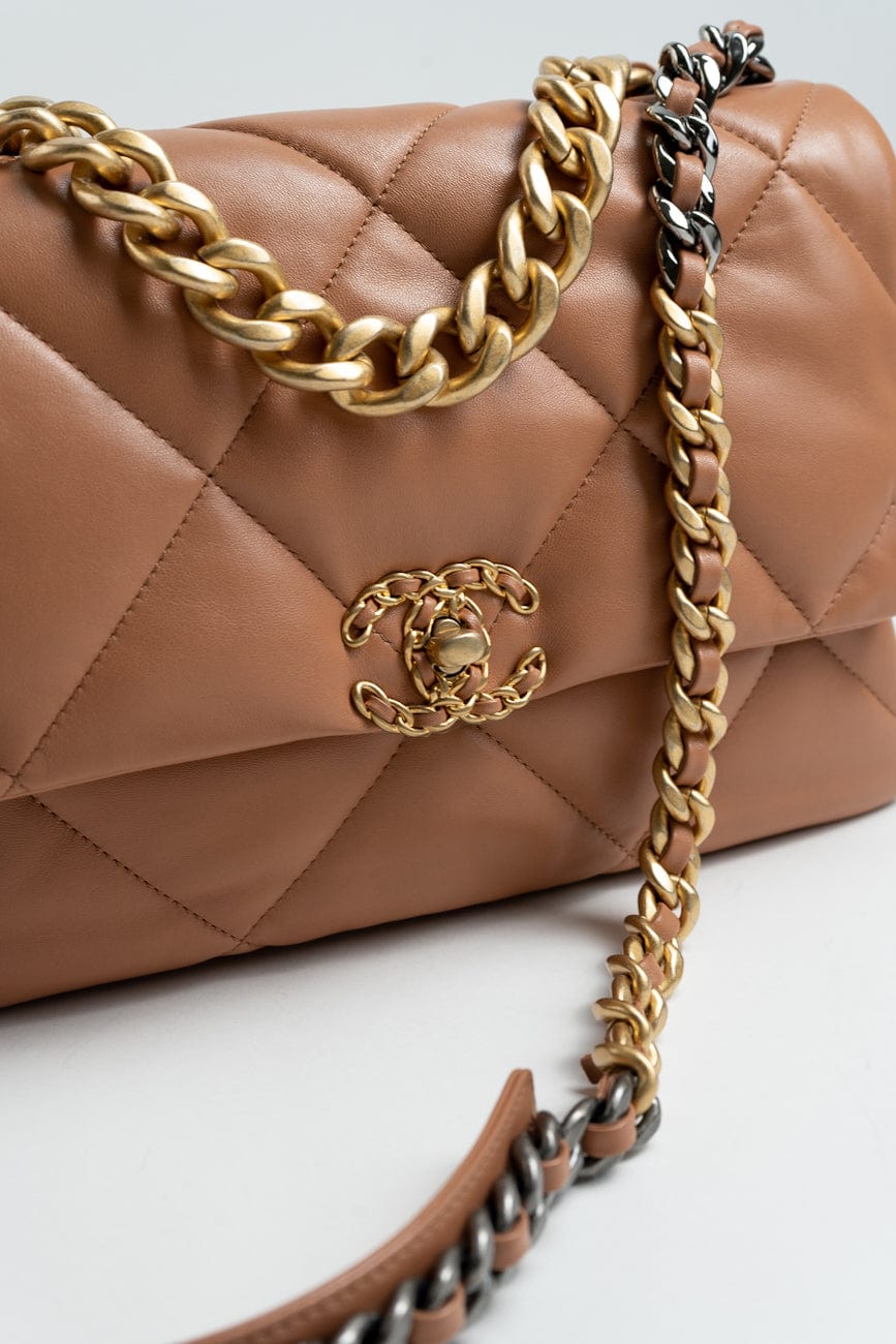 21P Caramel Lambskin Quilted 19 Flap Large Mixed Hardware