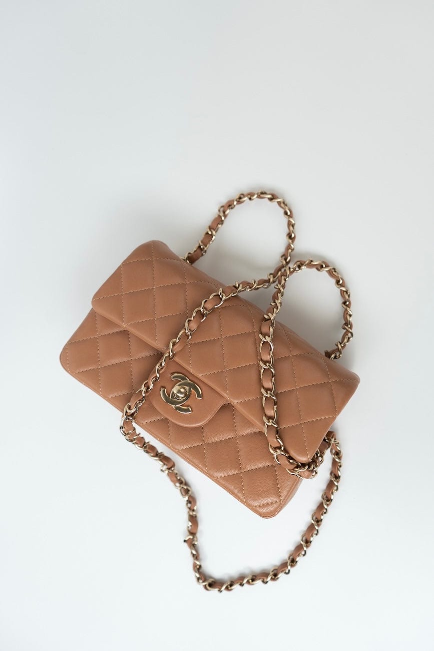 21P Caramel Lambskin Quilted Mini Rectangular Single Flap LGHW