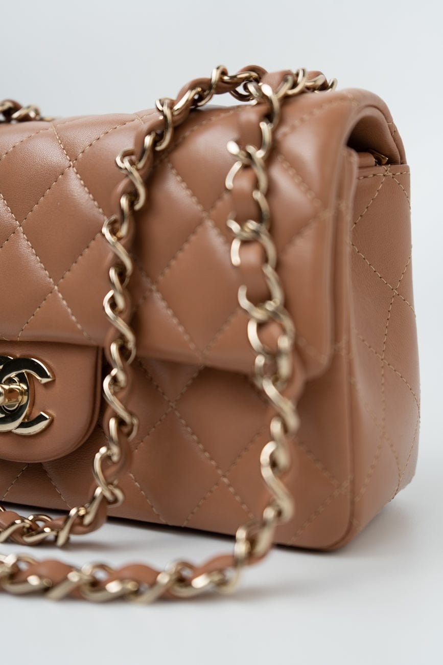 21P Caramel Lambskin Quilted Mini Rectangular Single Flap LGHW