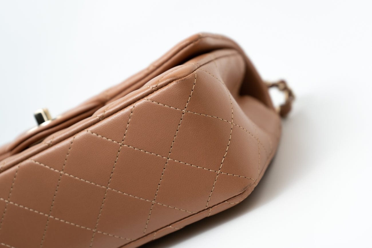 21P Caramel Lambskin Quilted Mini Rectangular Single Flap LGHW