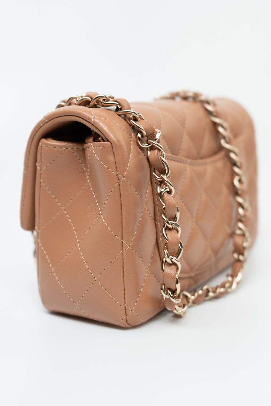 21P Caramel Lambskin Quilted Mini Rectangular Single Flap LGHW