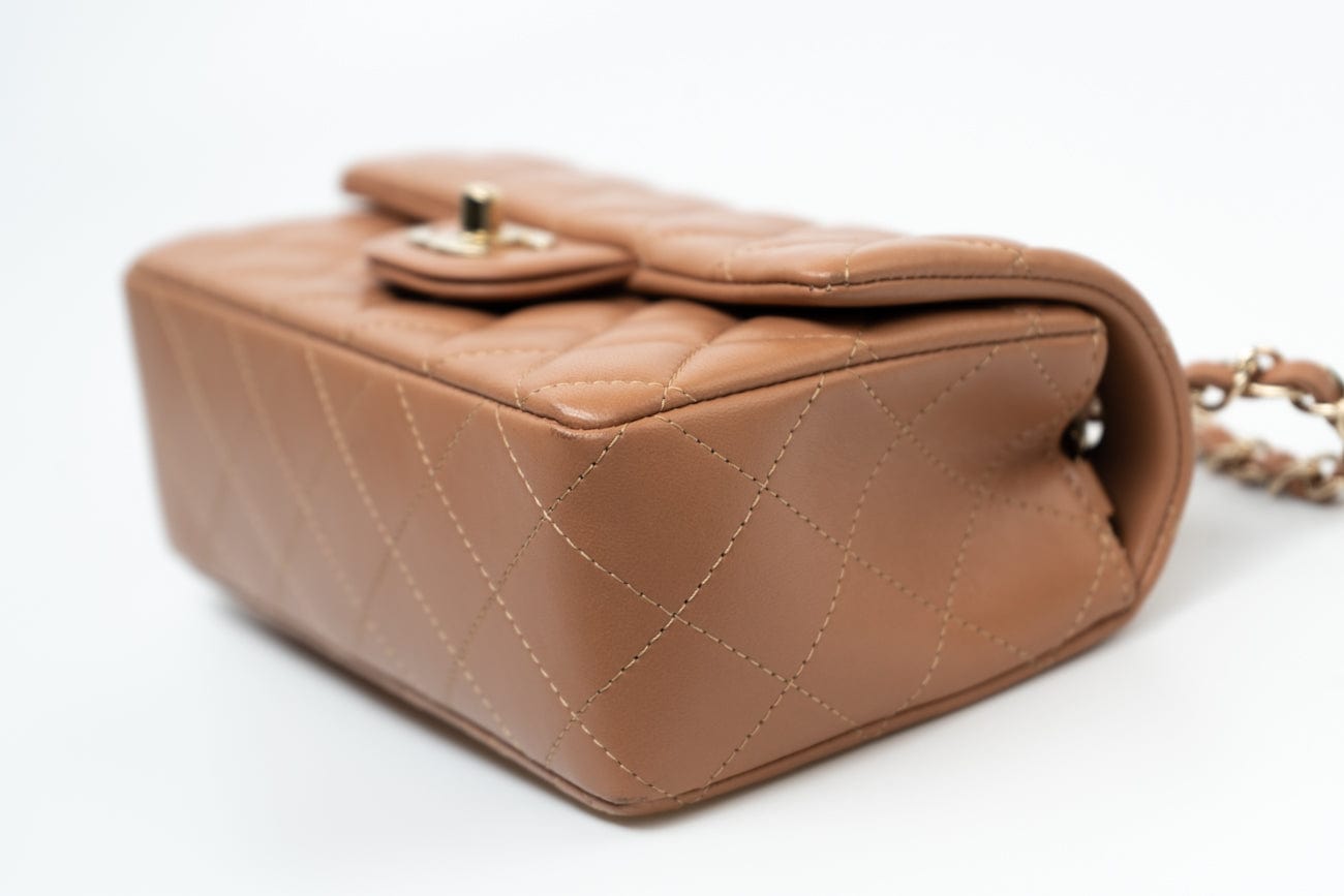 21P Caramel Lambskin Quilted Mini Rectangular Single Flap LGHW