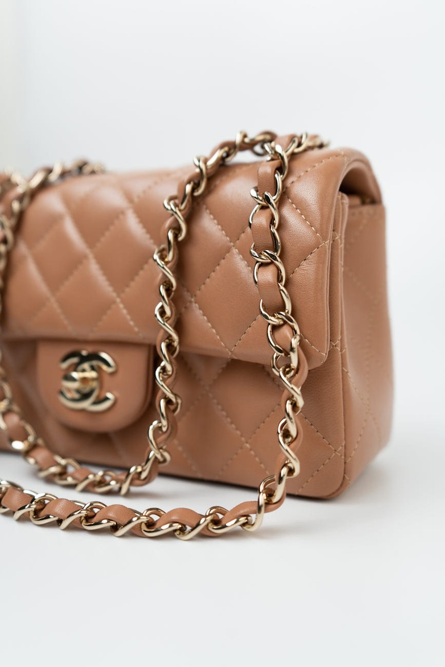 21P Caramel Lambskin Quilted Mini Rectangular Single Flap LGHW