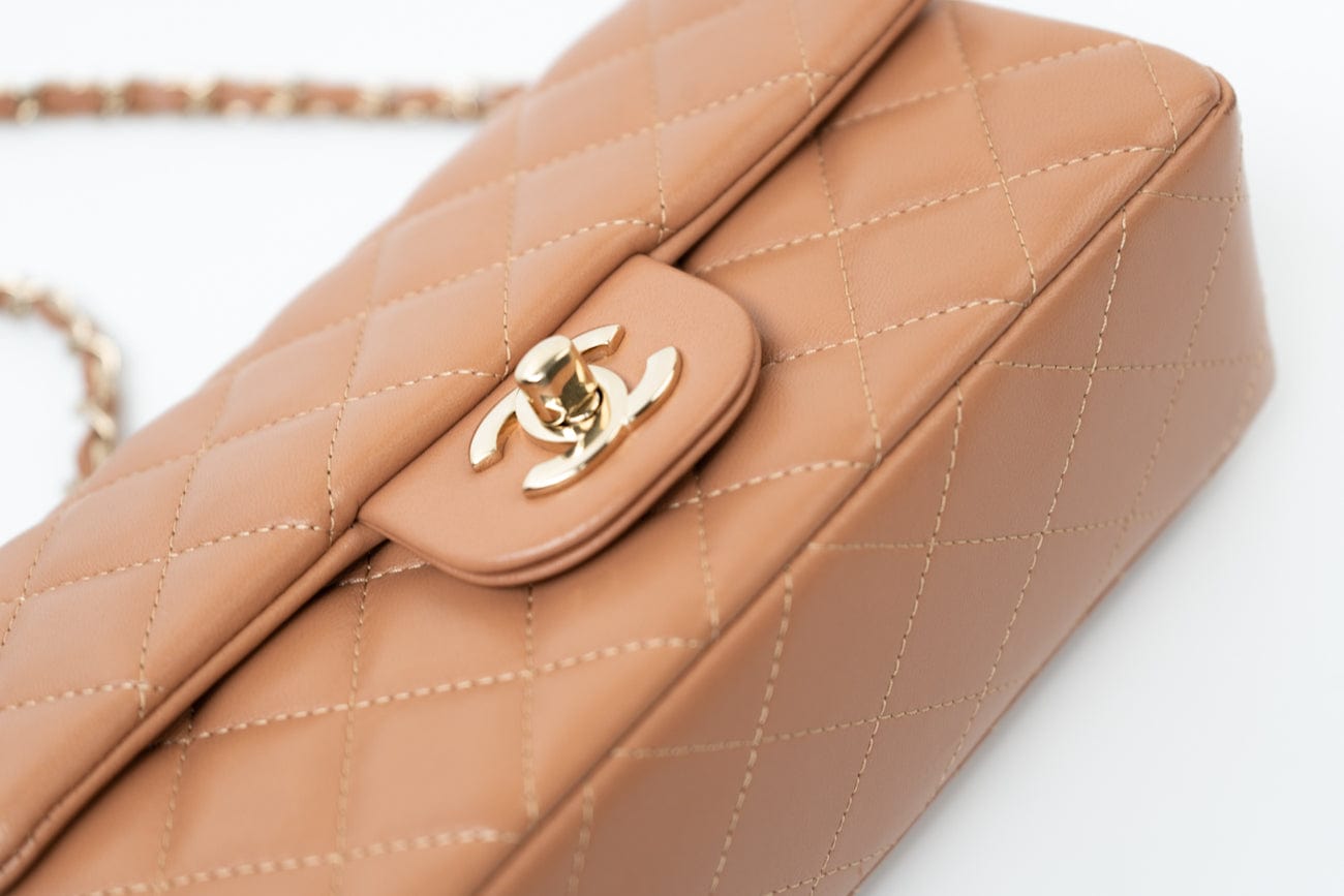 21P Caramel Lambskin Quilted Mini Rectangular Single Flap LGHW