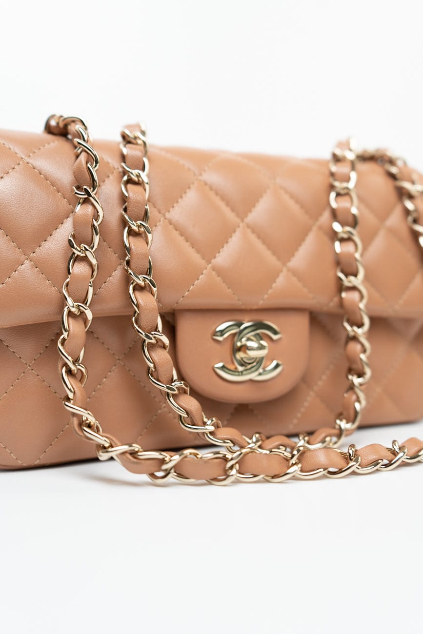 21P Caramel Lambskin Quilted Mini Rectangular Single Flap LGHW