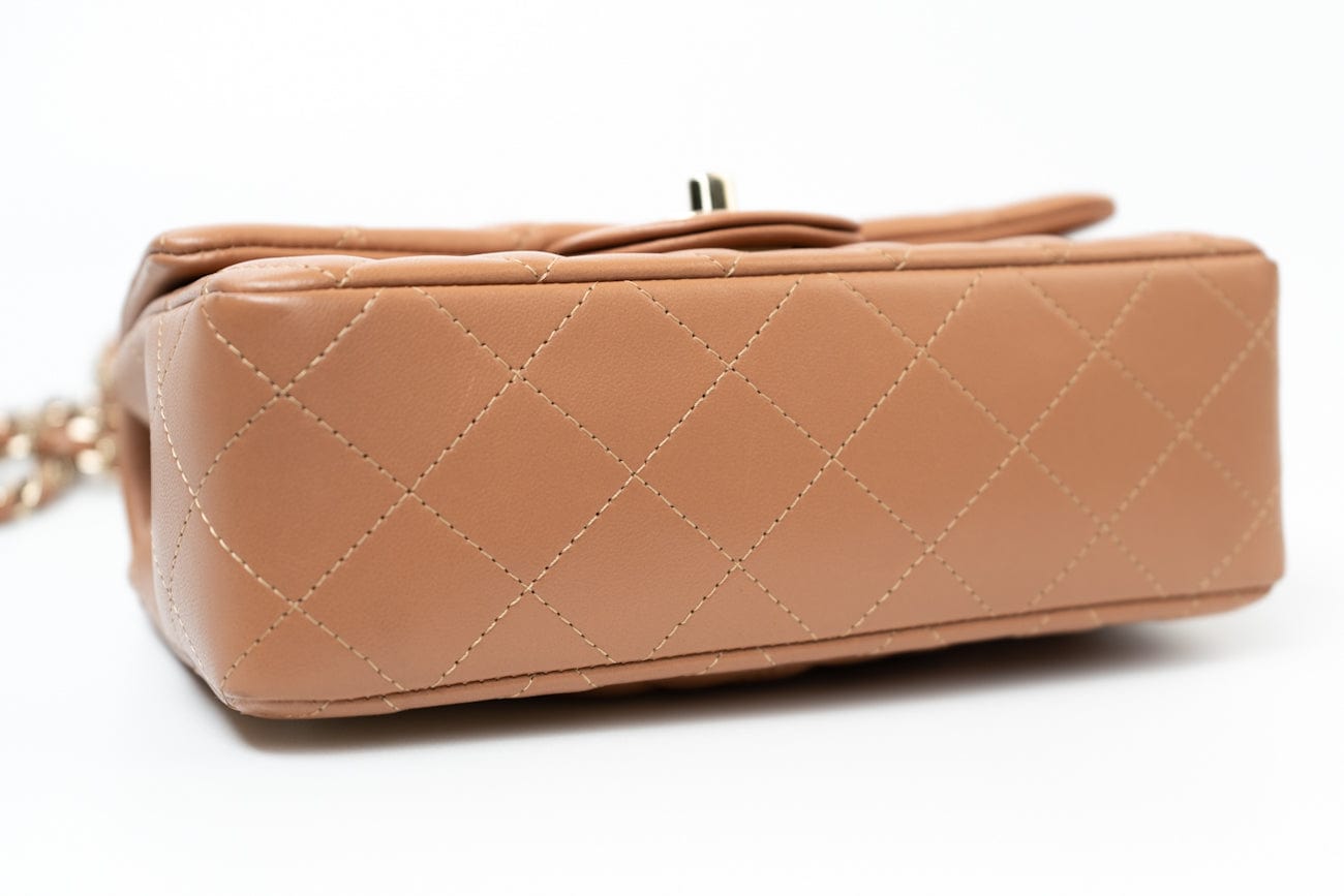 21P Caramel Lambskin Quilted Mini Rectangular Single Flap LGHW