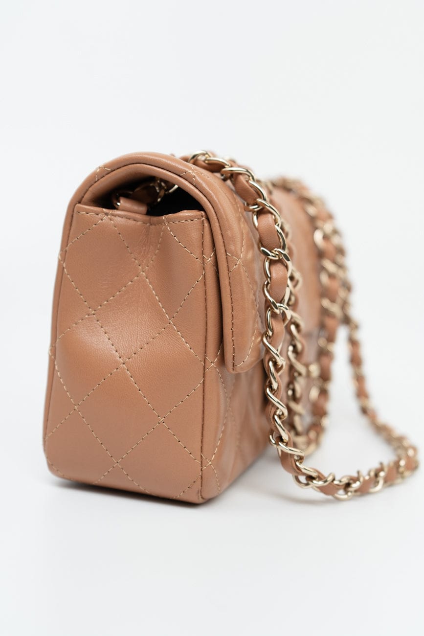 21P Caramel Lambskin Quilted Mini Rectangular Single Flap LGHW