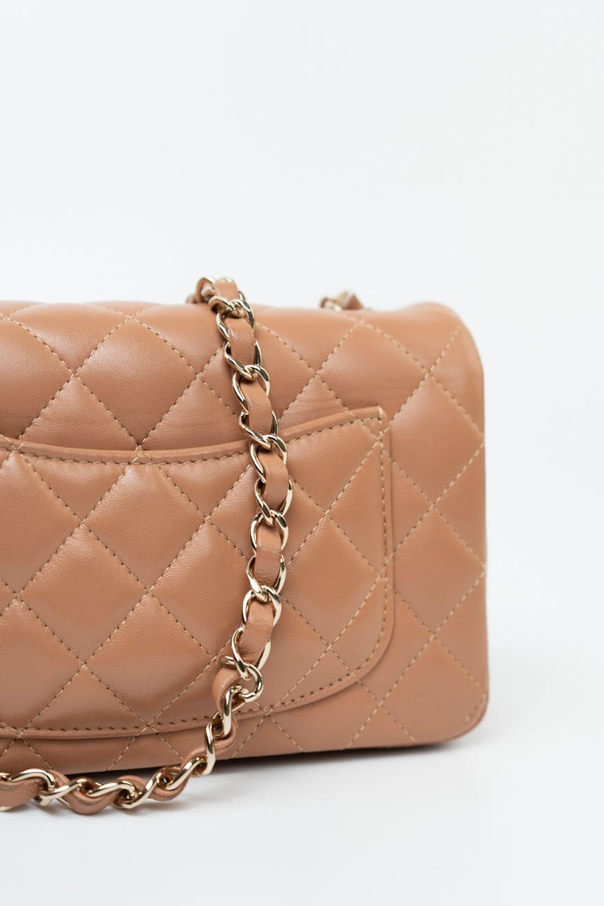 21P Caramel Lambskin Quilted Mini Rectangular Single Flap LGHW