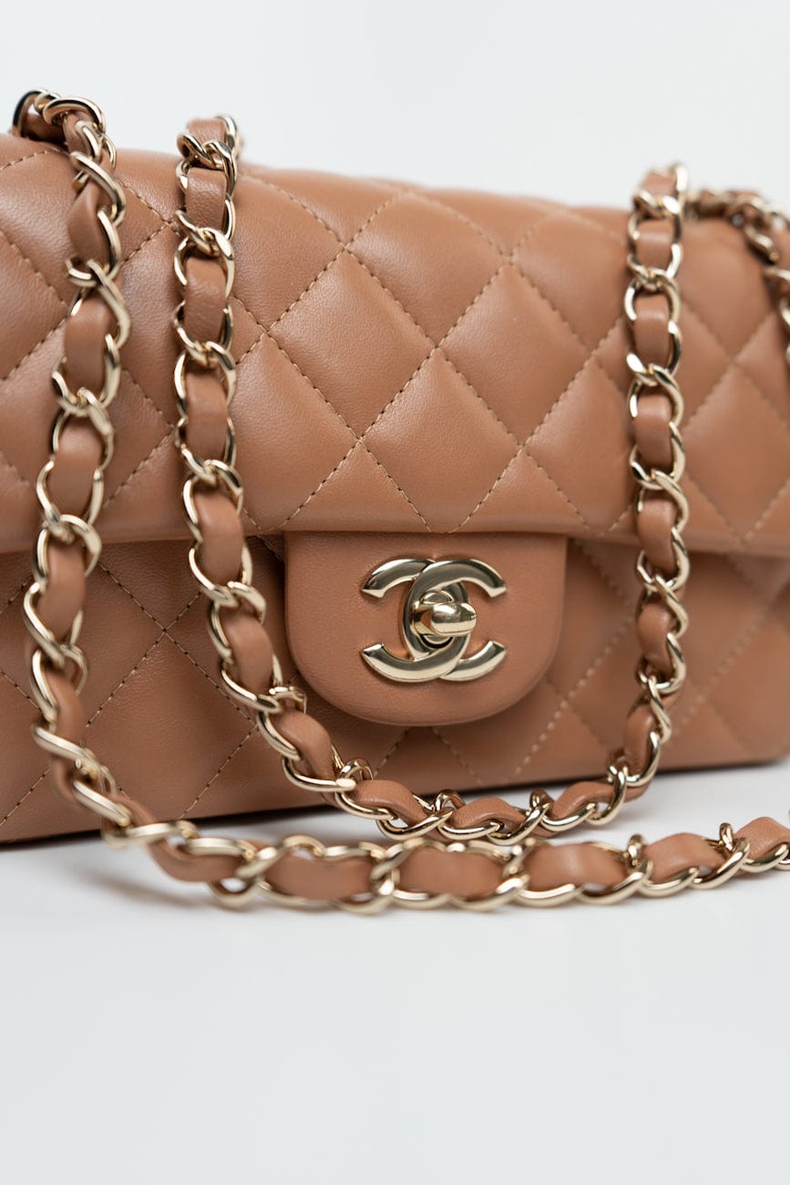 21P Caramel Lambskin Quilted Mini Rectangular Single Flap LGHW