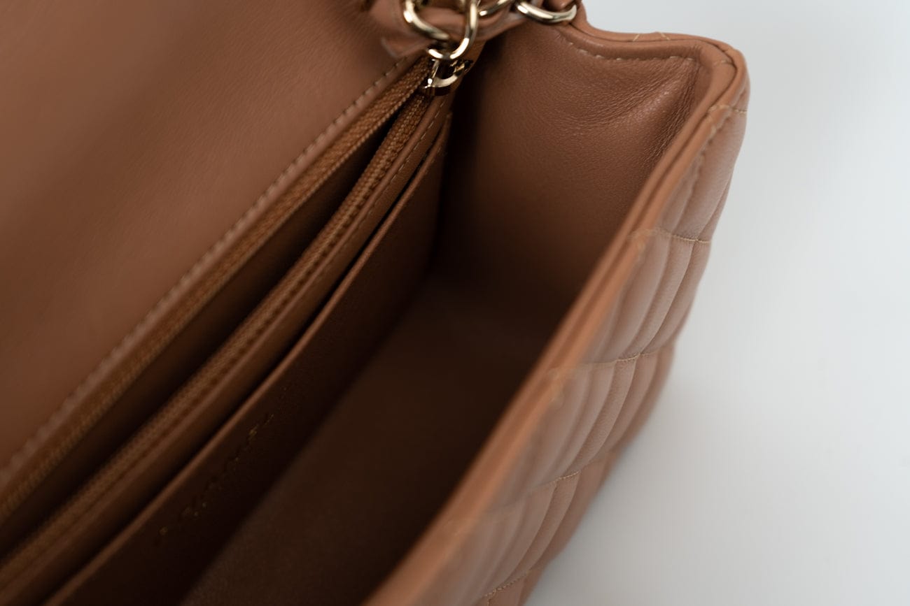 21P Caramel Lambskin Quilted Mini Rectangular Single Flap LGHW