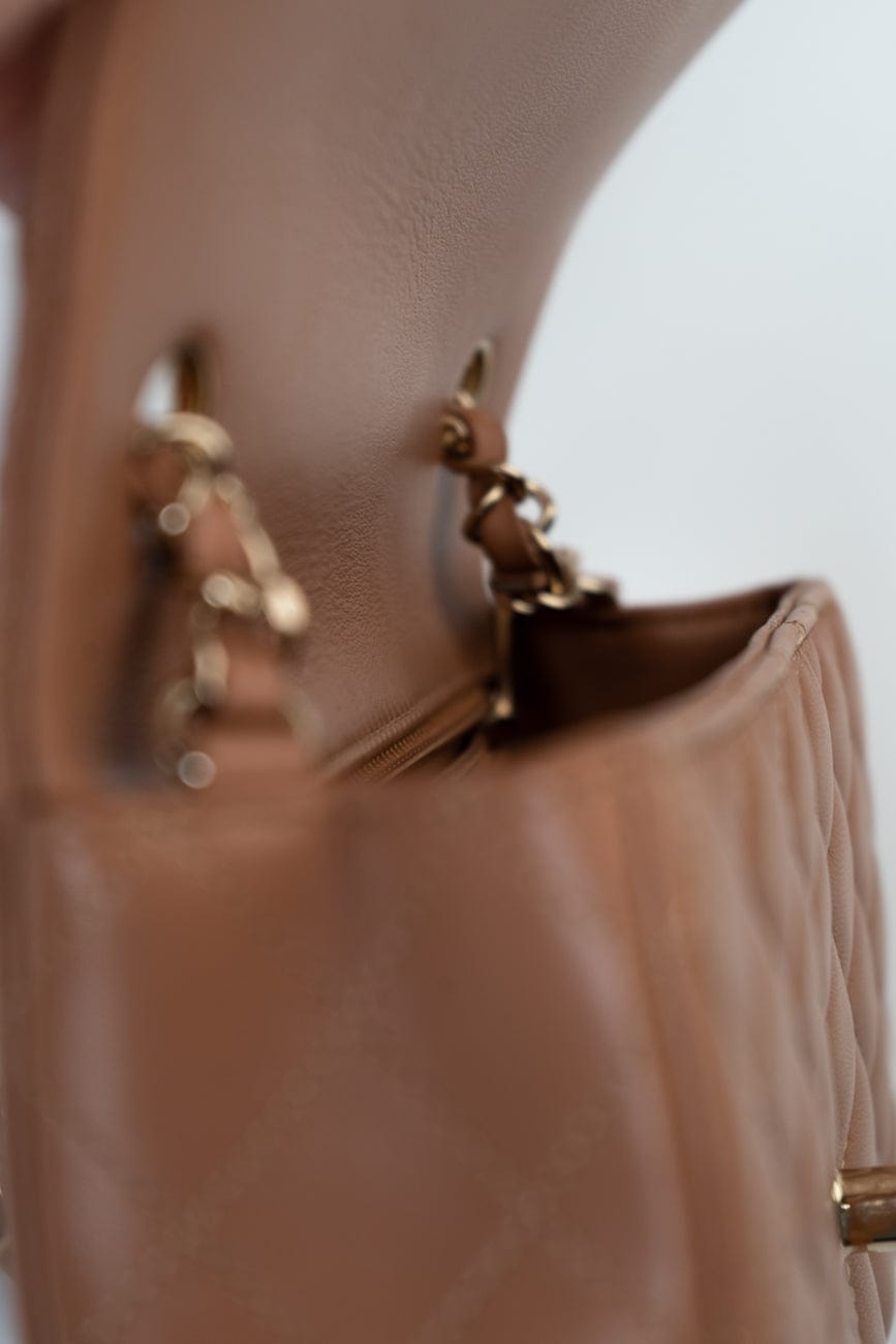 21P Caramel Lambskin Quilted Mini Rectangular Single Flap LGHW