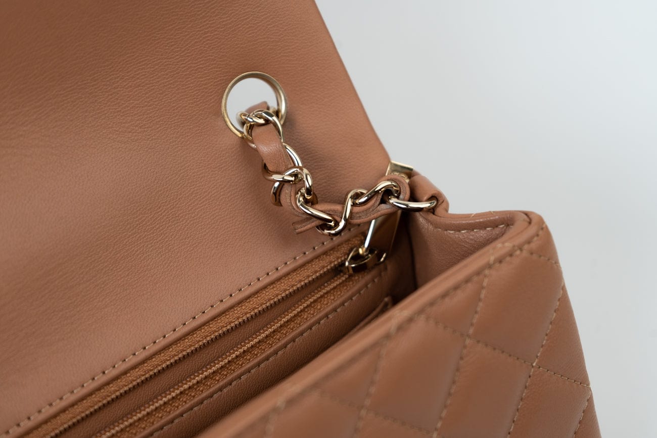 21P Caramel Lambskin Quilted Mini Rectangular Single Flap LGHW