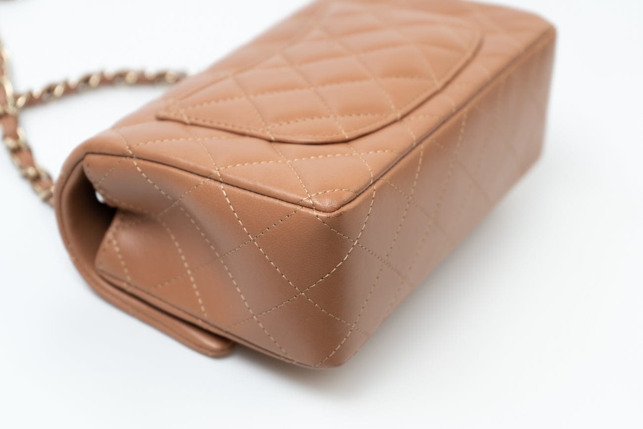 21P Caramel Lambskin Quilted Mini Rectangular Single Flap LGHW
