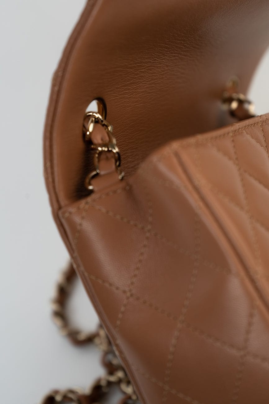 21P Caramel Lambskin Quilted Mini Rectangular Single Flap LGHW