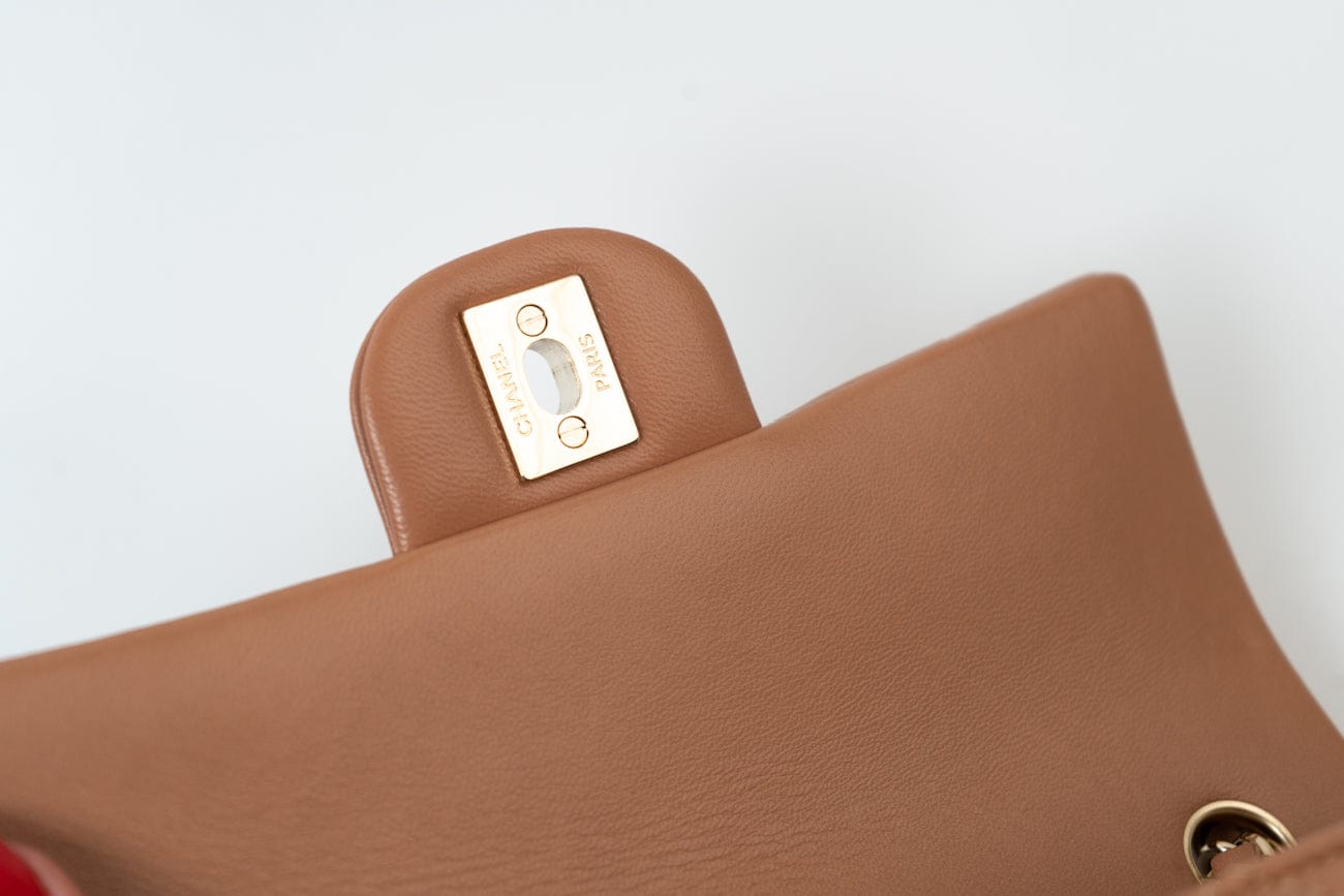 21P Caramel Lambskin Quilted Mini Rectangular Single Flap LGHW