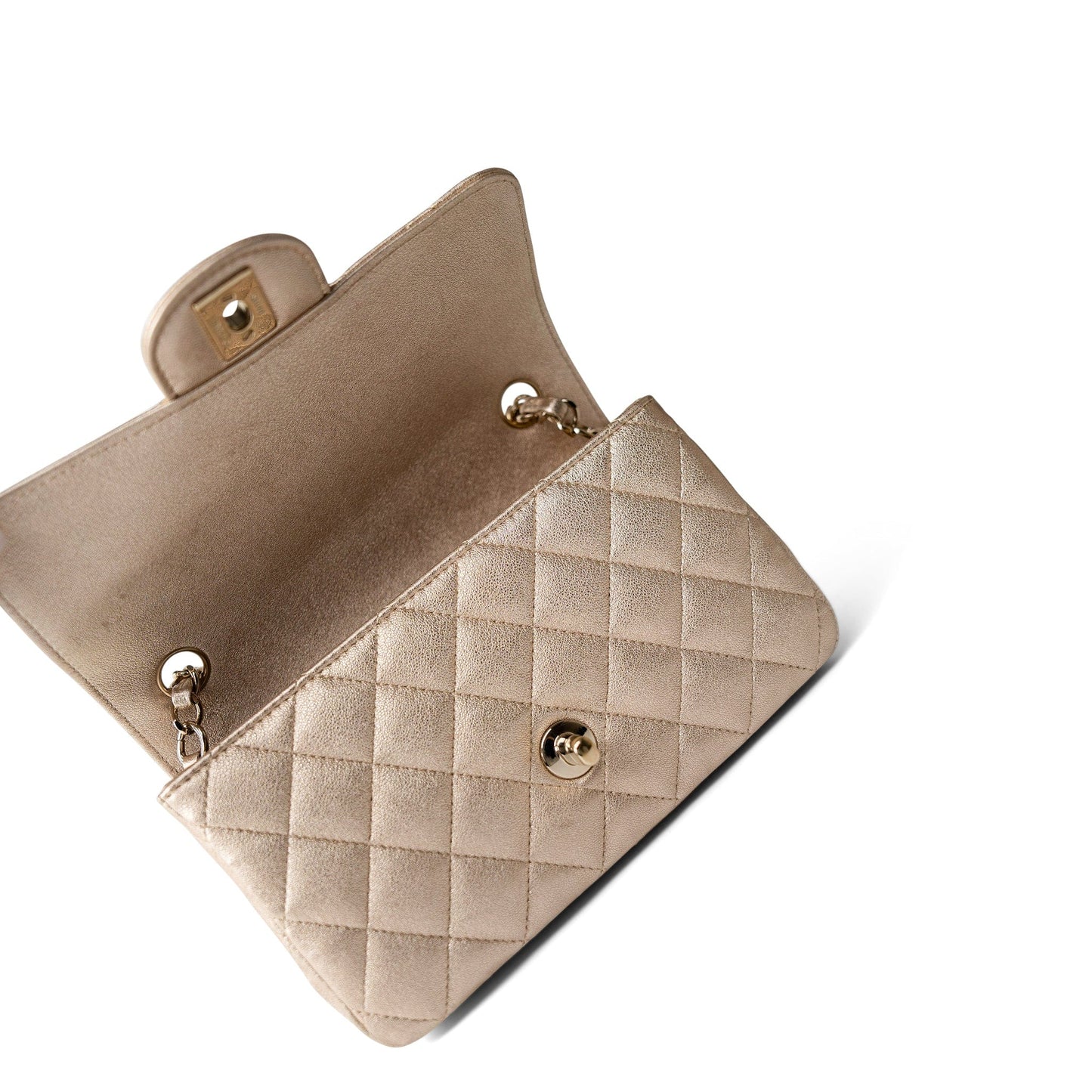 21P Gold Grained Lambskin Mini Rectangular Flap Light Gold Hardware