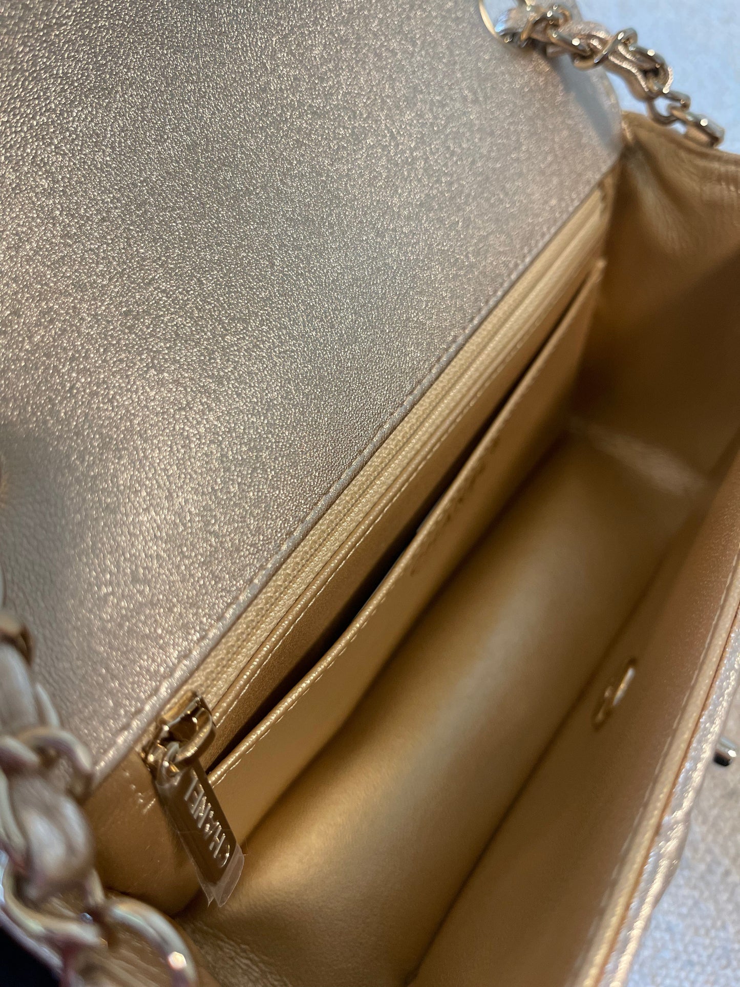 21P GOLD METALLIC CAVIAR QUILTED MINI RECTANGULAR SINGLE FLAP LIGHT GOLD HARDWARE