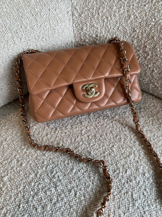 21P Mini Rectangular Caramel Lambskin Quilted Flap LGHW