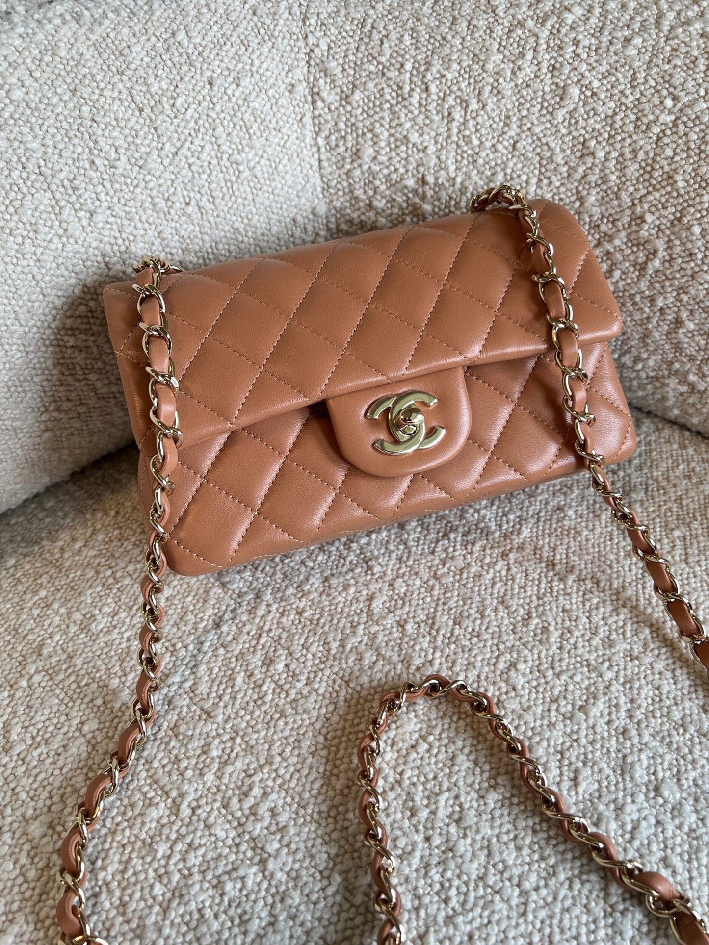 21P Mini Rectangular Caramel Lambskin Quilted Flap LGHW