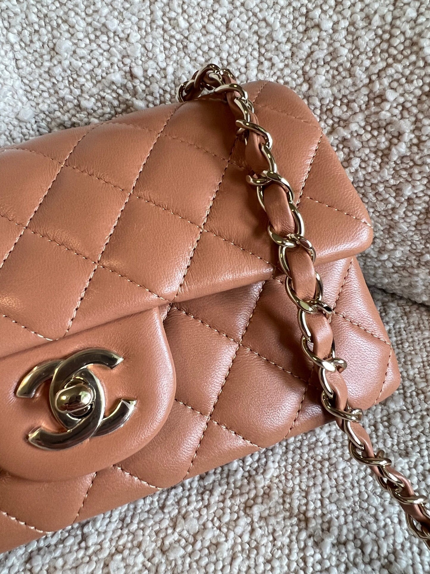 21P Mini Rectangular Caramel Lambskin Quilted Flap LGHW