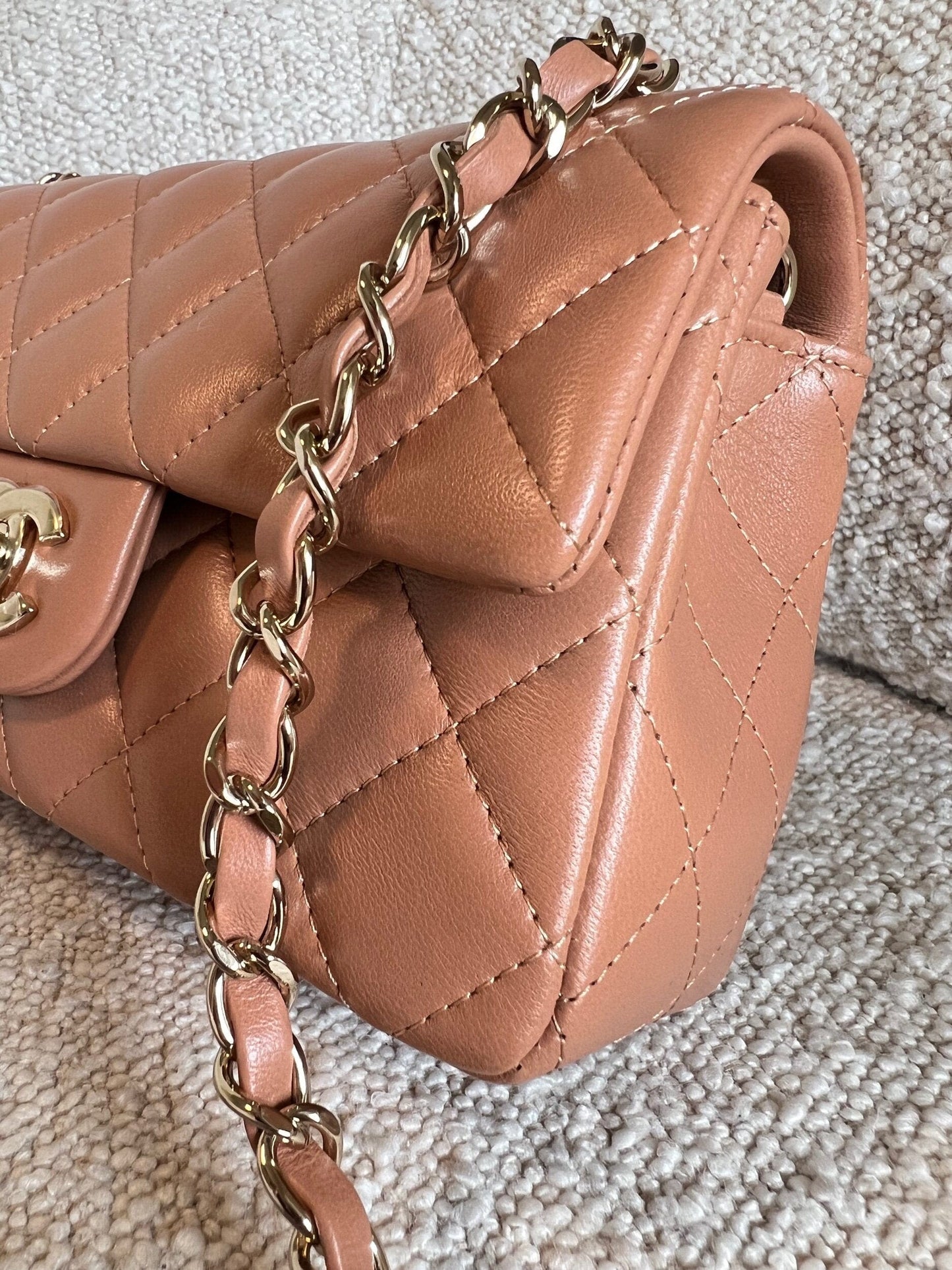 21P Mini Rectangular Caramel Lambskin Quilted Flap LGHW