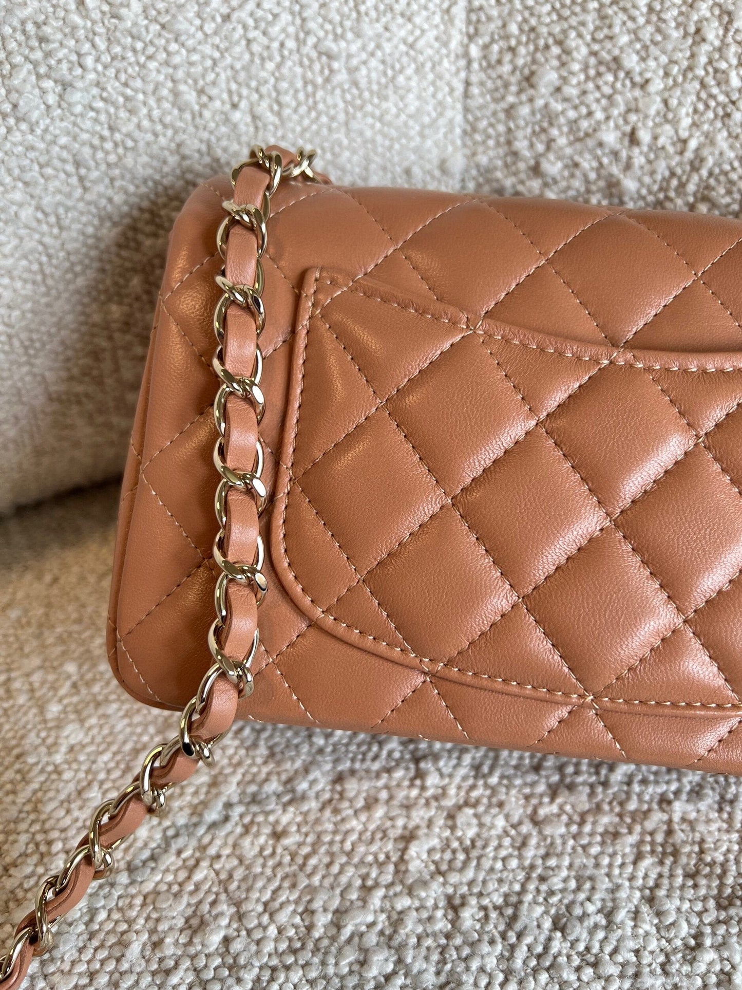 21P Mini Rectangular Caramel Lambskin Quilted Flap LGHW