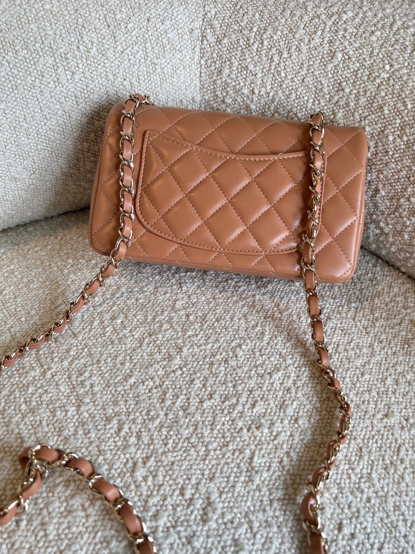 21P Mini Rectangular Caramel Lambskin Quilted Flap LGHW