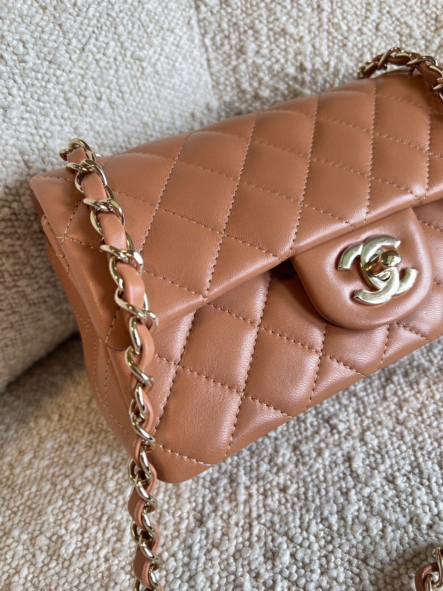 21P Mini Rectangular Caramel Lambskin Quilted Flap LGHW