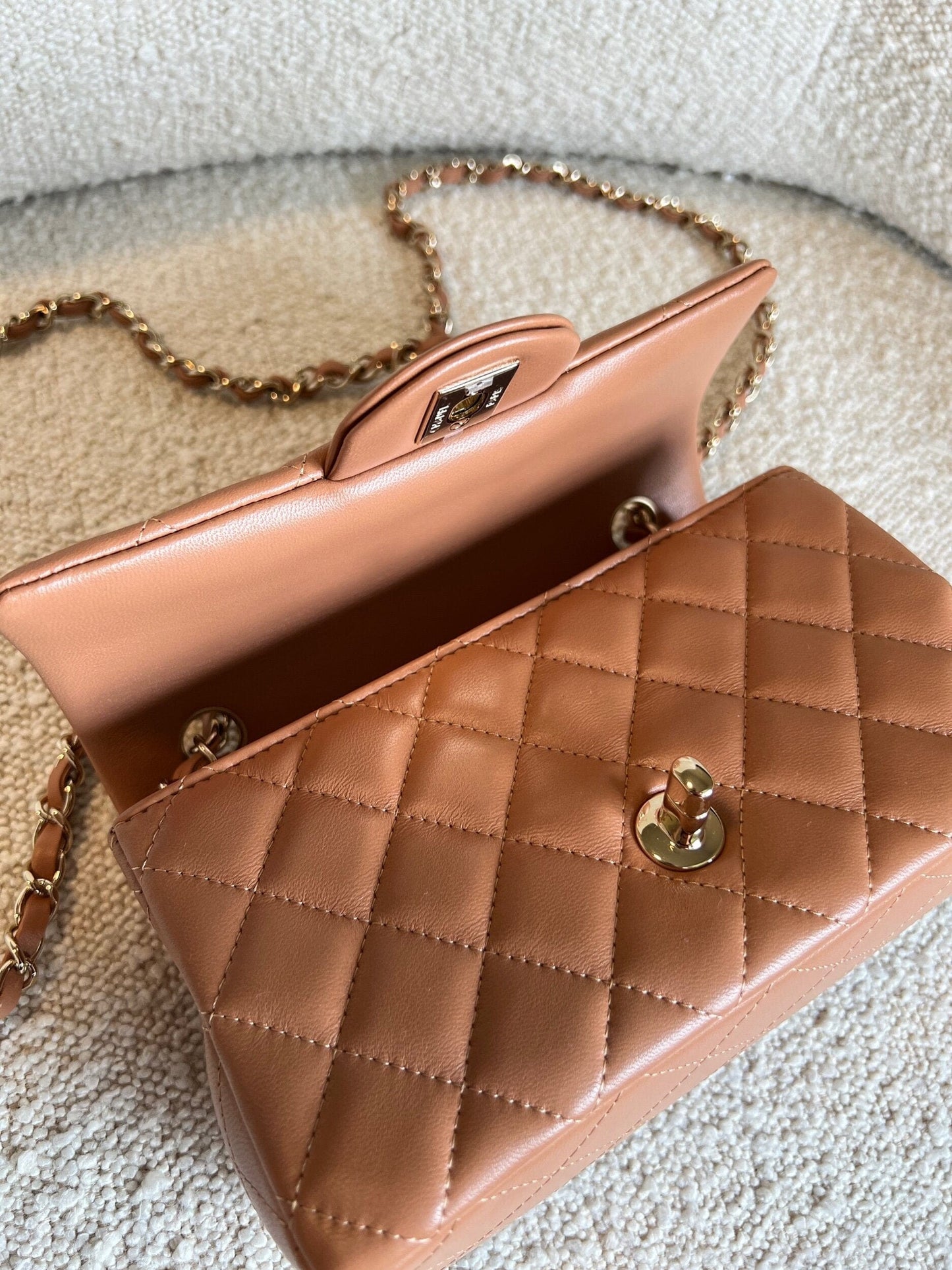 21P Mini Rectangular Caramel Lambskin Quilted Flap LGHW