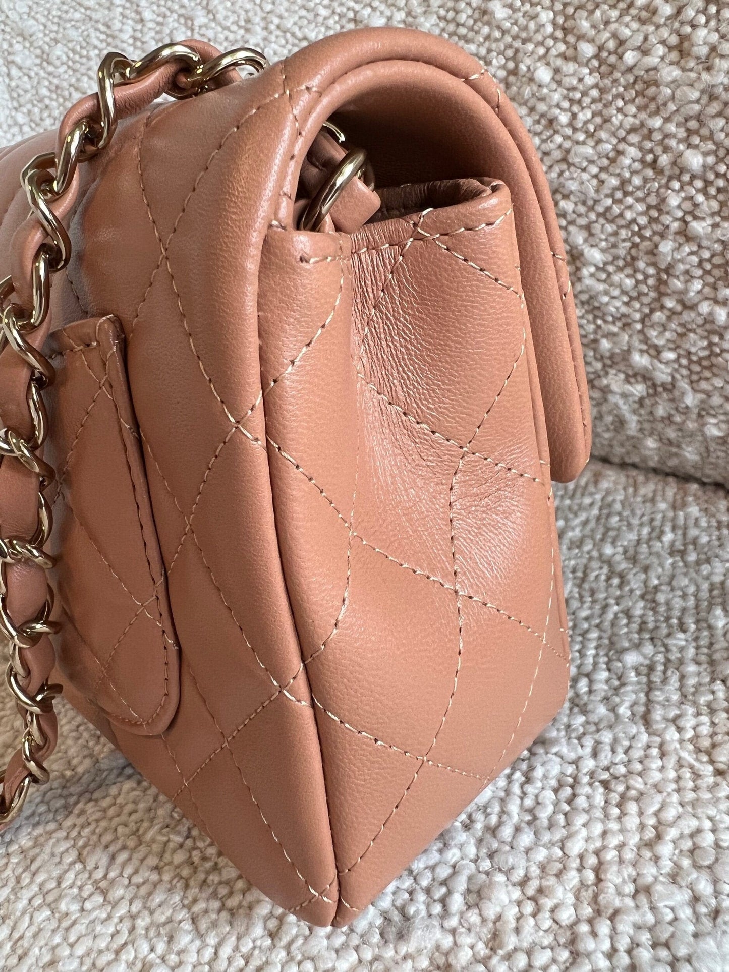 21P Mini Rectangular Caramel Lambskin Quilted Flap LGHW