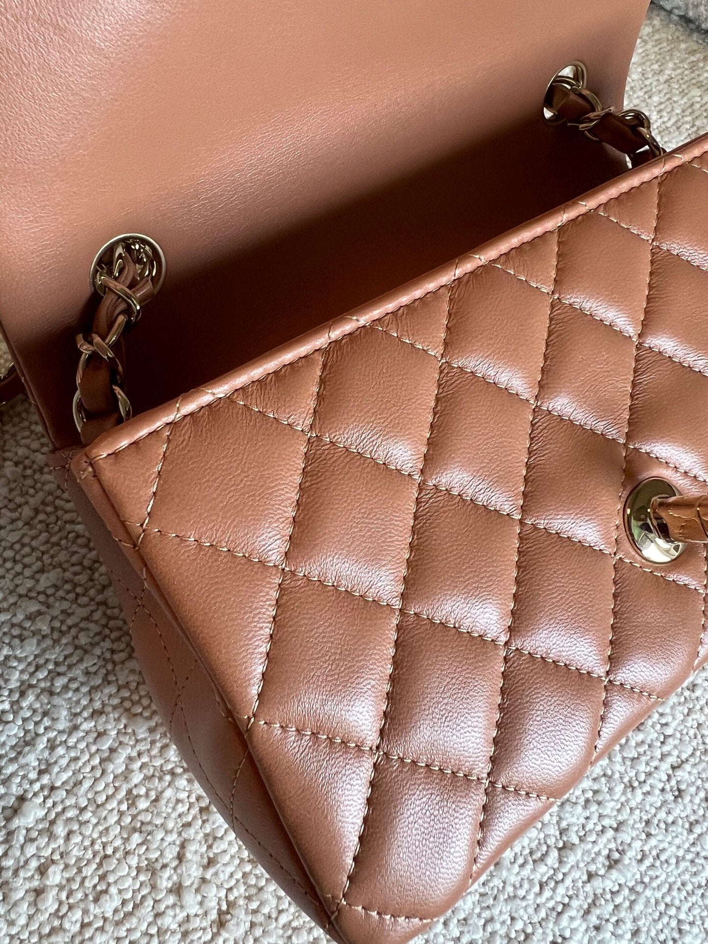 21P Mini Rectangular Caramel Lambskin Quilted Flap LGHW