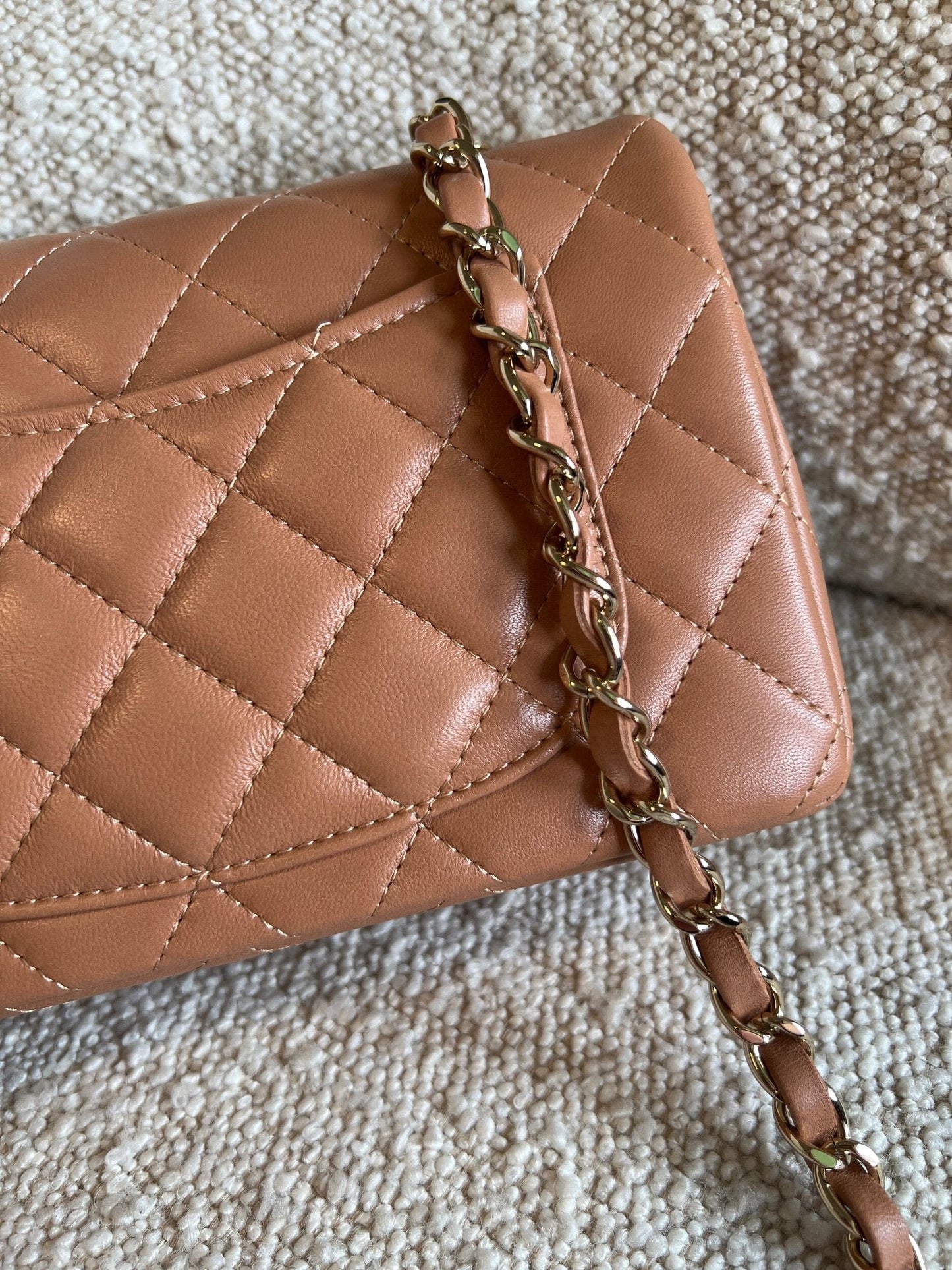 21P Mini Rectangular Caramel Lambskin Quilted Flap LGHW
