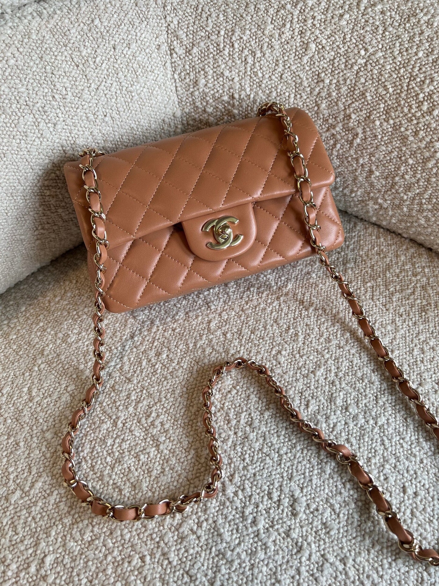 21P Mini Rectangular Caramel Lambskin Quilted Flap LGHW