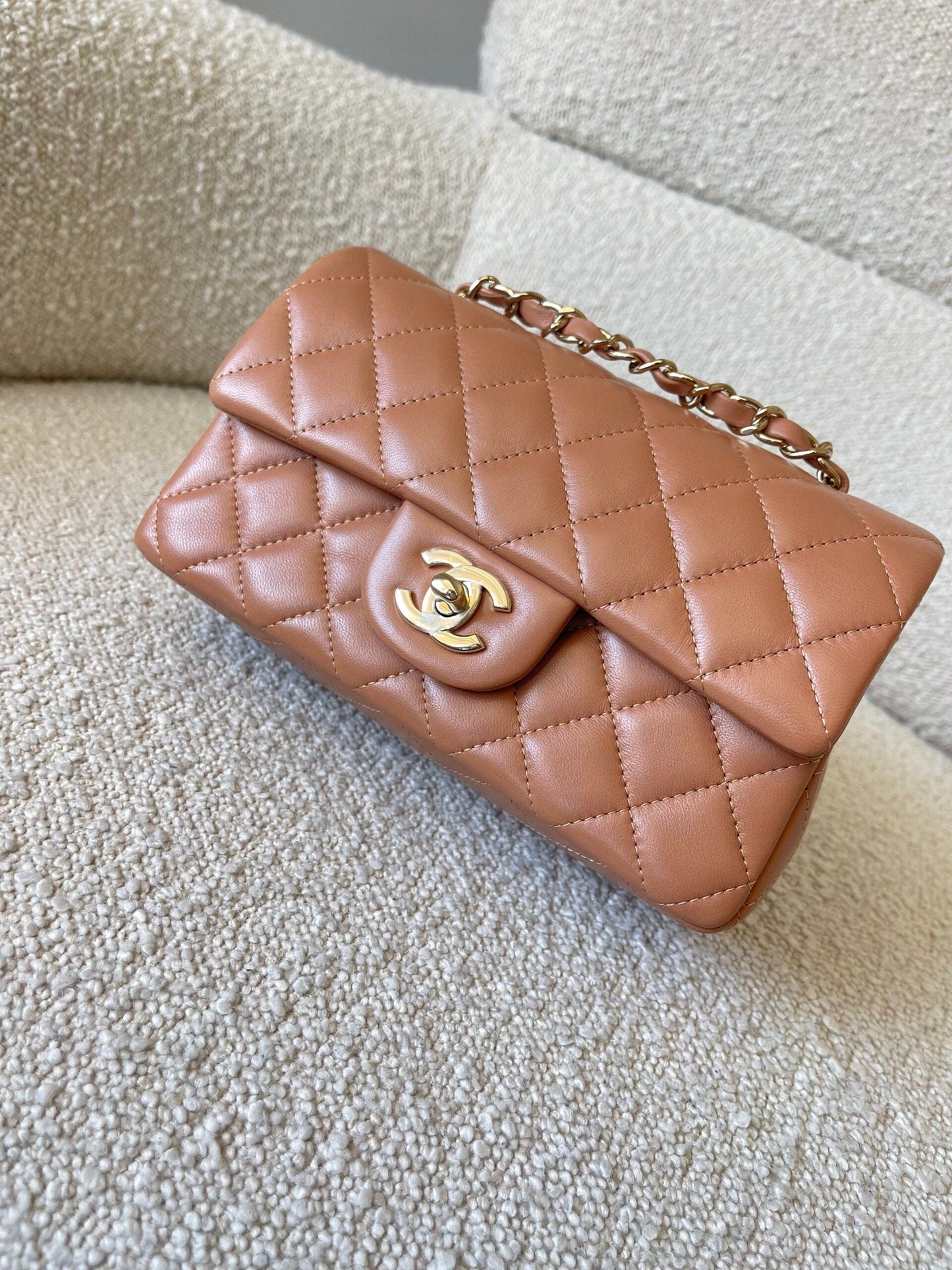 21P Mini Rectangular Caramel Lambskin Quilted Flap Light Gold Hardware