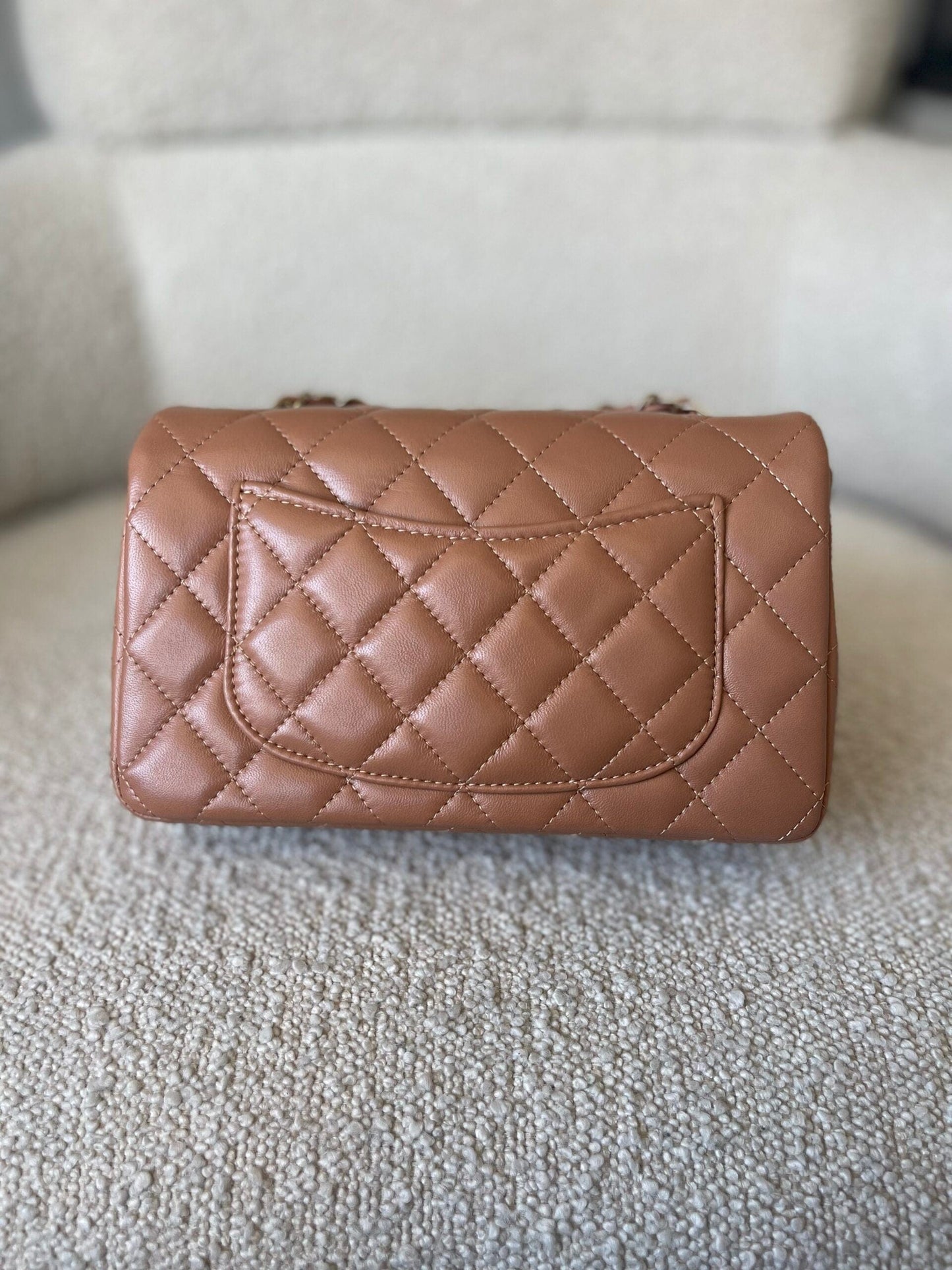 21P Mini Rectangular Caramel Lambskin Quilted Flap Light Gold Hardware