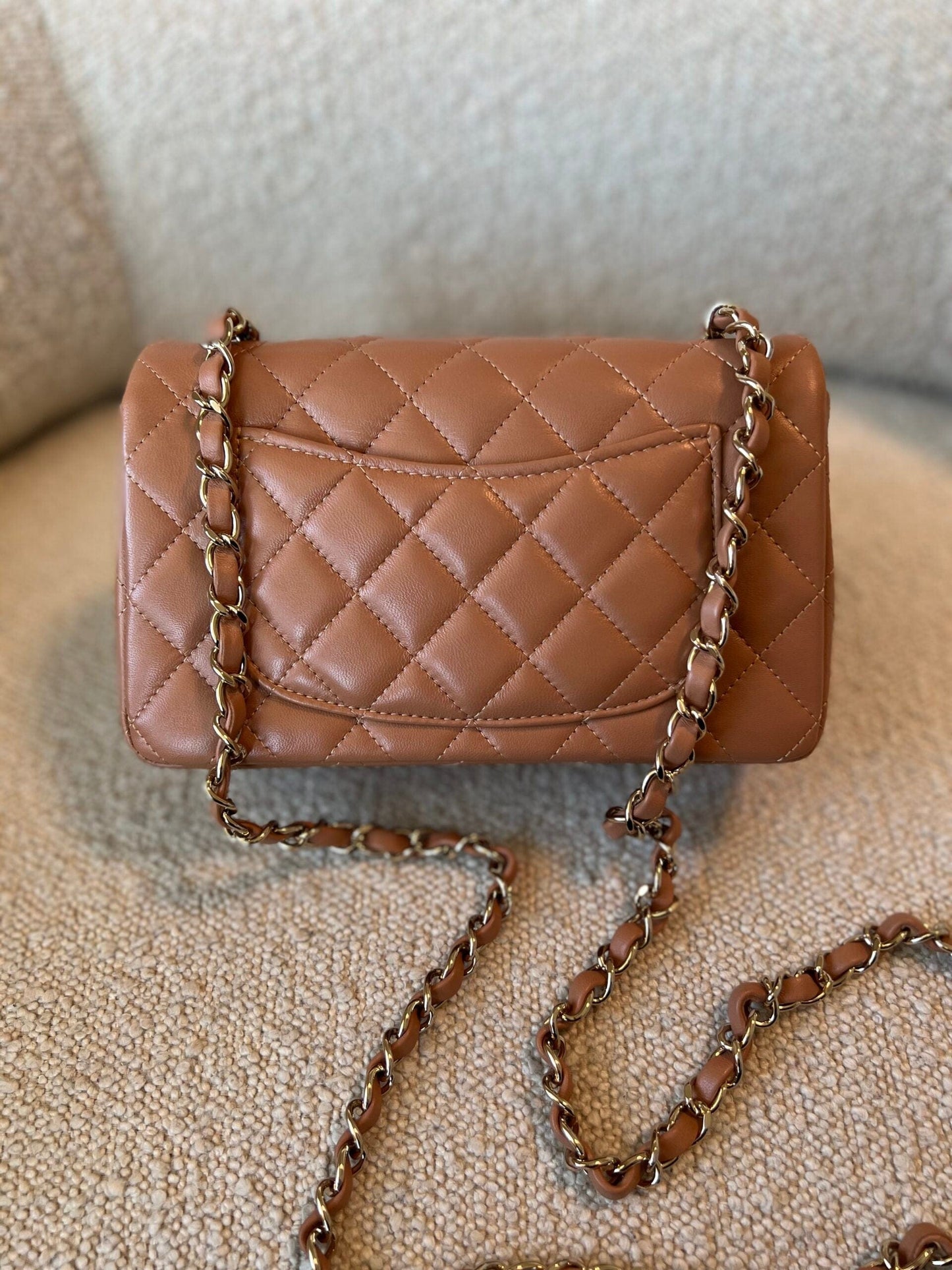 21P Mini Rectangular Caramel Lambskin Quilted Flap Light Gold Hardware