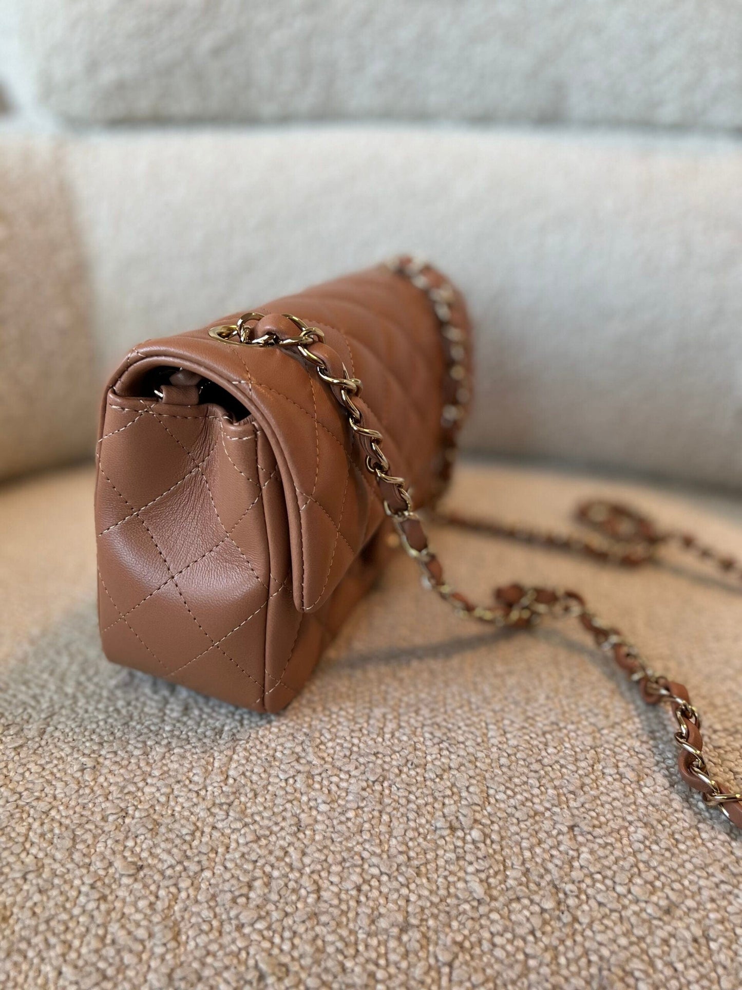 21P Mini Rectangular Caramel Lambskin Quilted Flap Light Gold Hardware