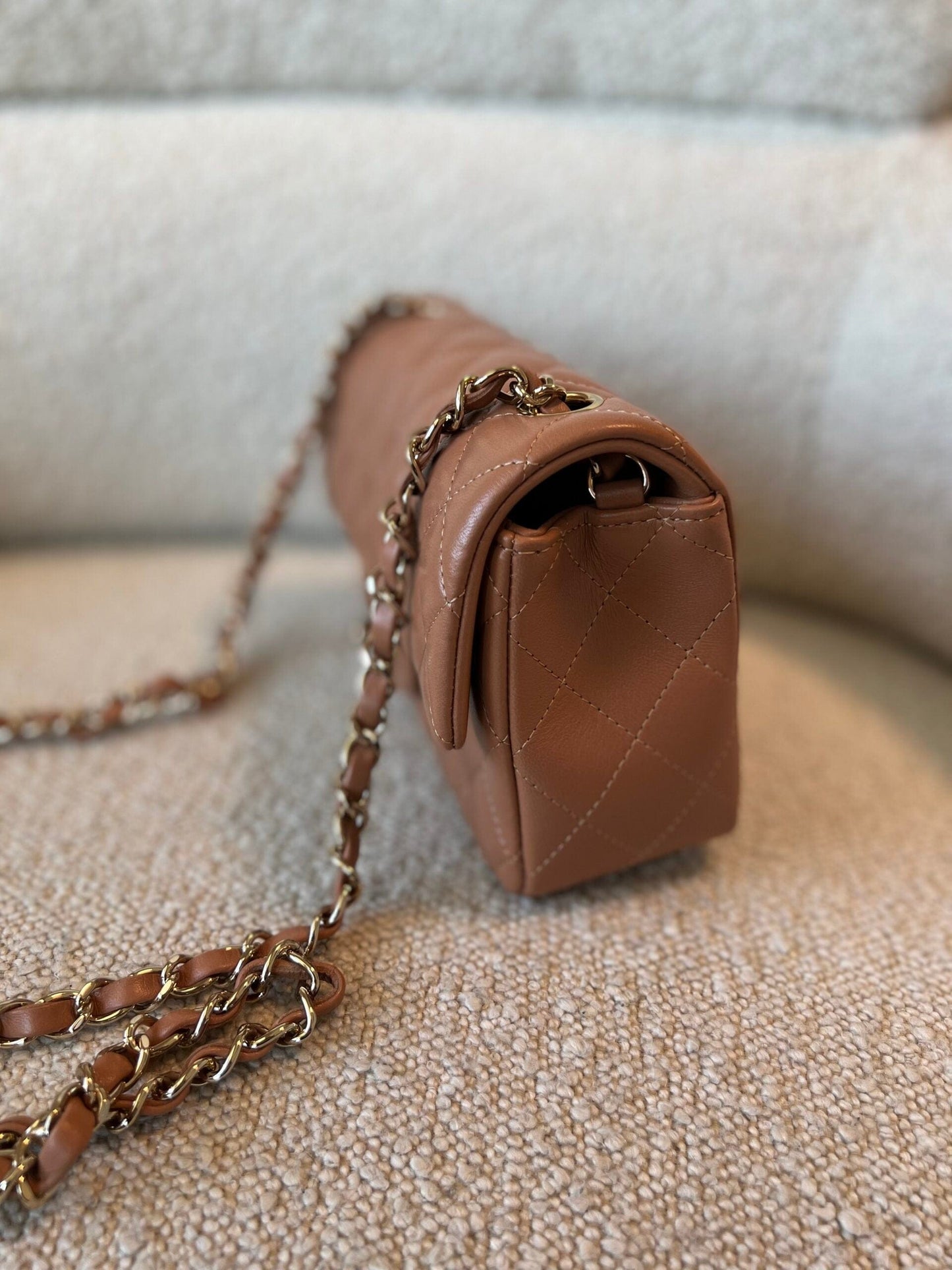 21P Mini Rectangular Caramel Lambskin Quilted Flap Light Gold Hardware