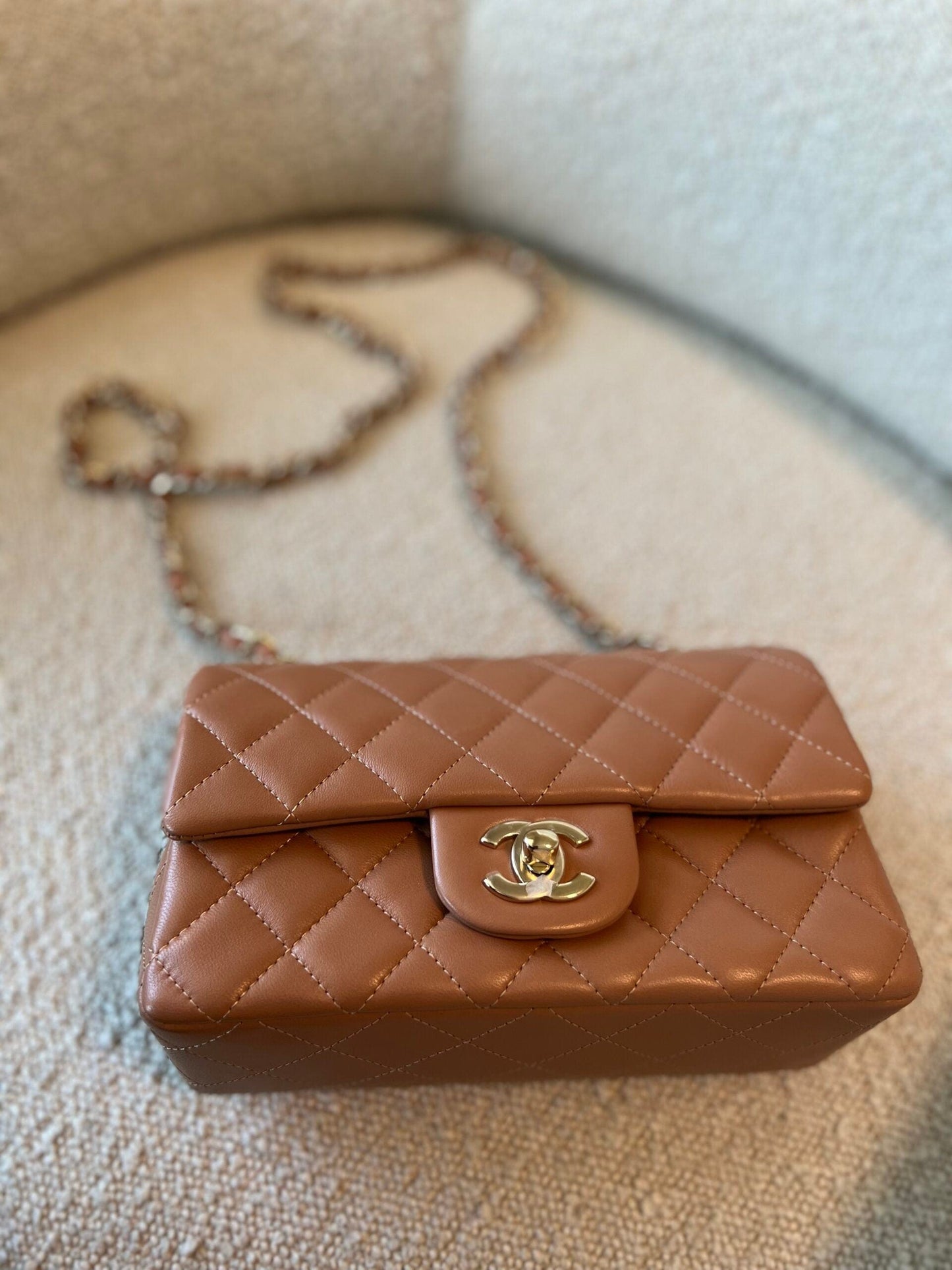 21P Mini Rectangular Caramel Lambskin Quilted Flap Light Gold Hardware