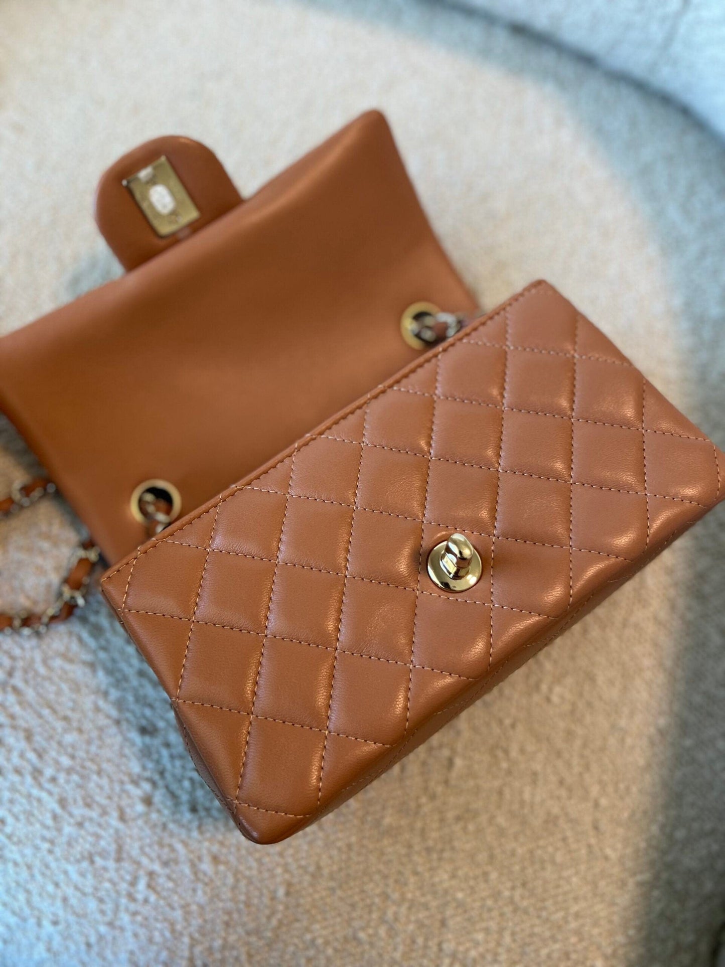 21P Mini Rectangular Caramel Lambskin Quilted Flap Light Gold Hardware