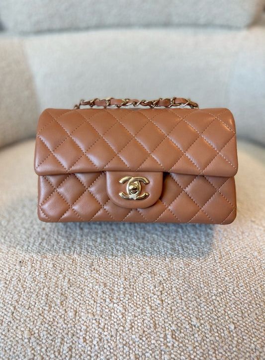 21P Mini Rectangular Caramel Lambskin Quilted Flap Light Gold Hardware