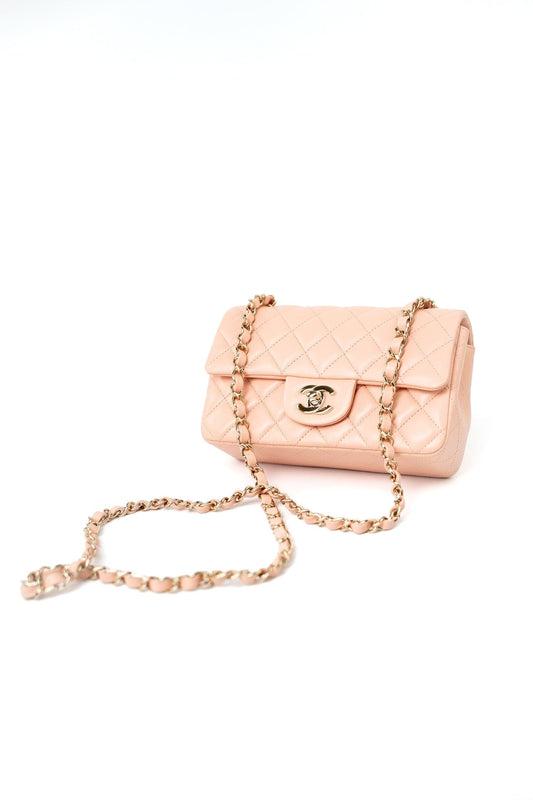 21P Rose Clair Pink/ Beige Lambskin Quilted Mini Rectangular Flap Light Gold Hardware