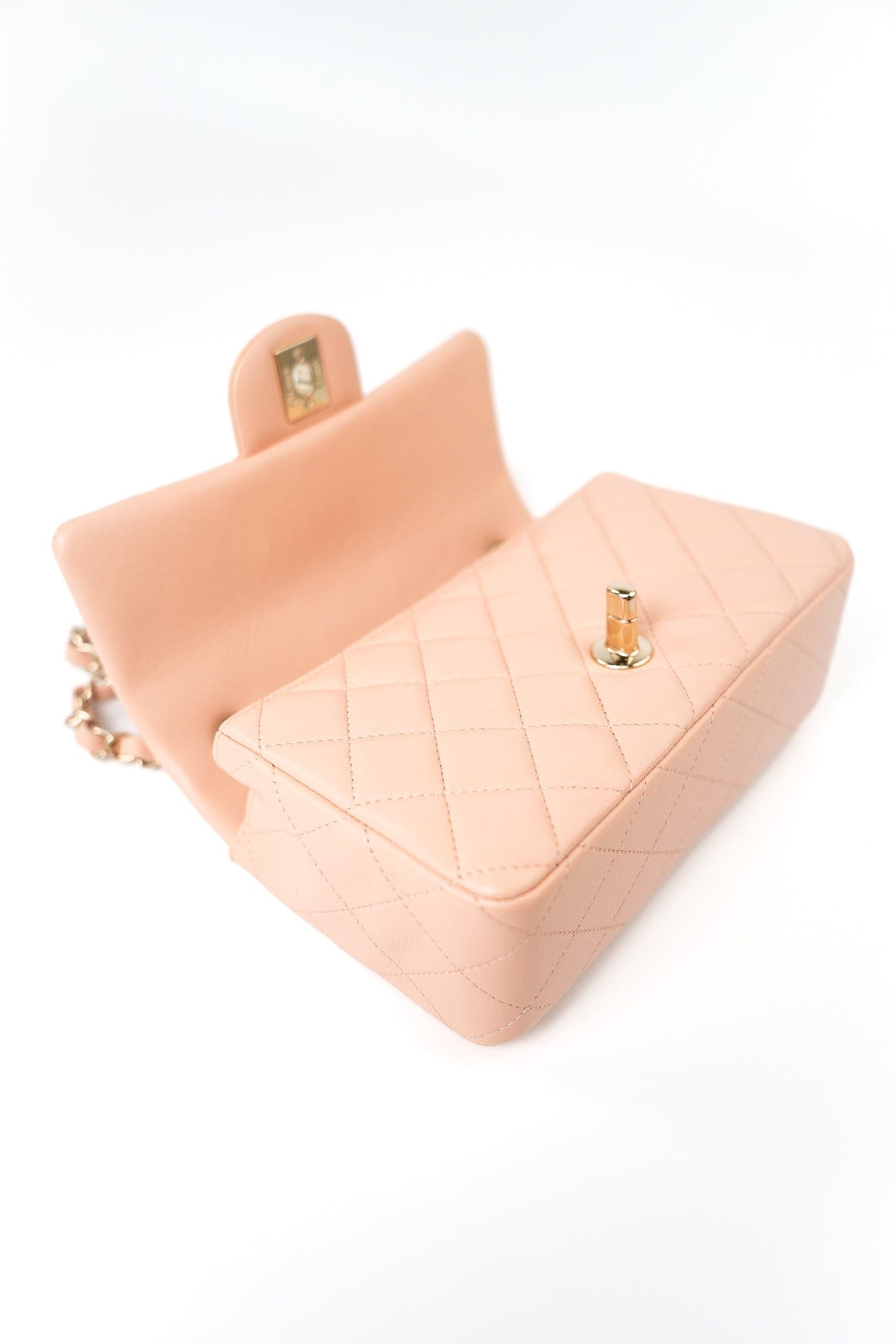 21P Rose Clair Pink/ Beige Lambskin Quilted Mini Rectangular Flap Light Gold Hardware