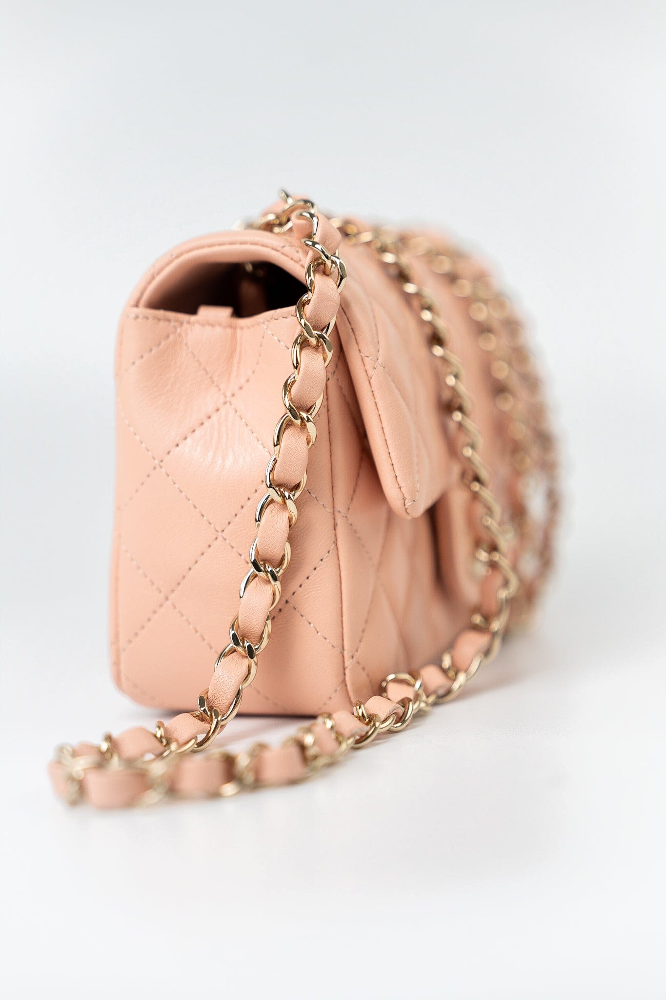 21P Rose Clair Pink/ Beige Lambskin Quilted Mini Rectangular Flap Light Gold Hardware