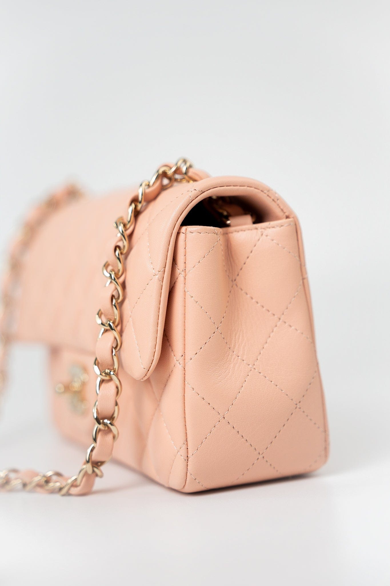 21P Rose Clair Pink/ Beige Lambskin Quilted Mini Rectangular Flap Light Gold Hardware