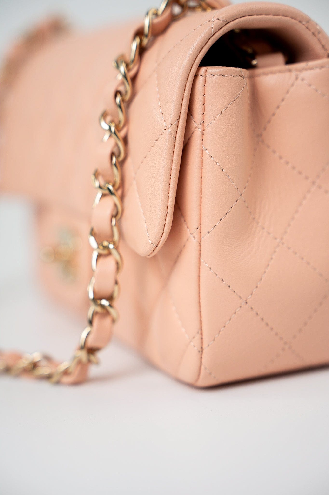 21P Rose Clair Pink/ Beige Lambskin Quilted Mini Rectangular Flap Light Gold Hardware