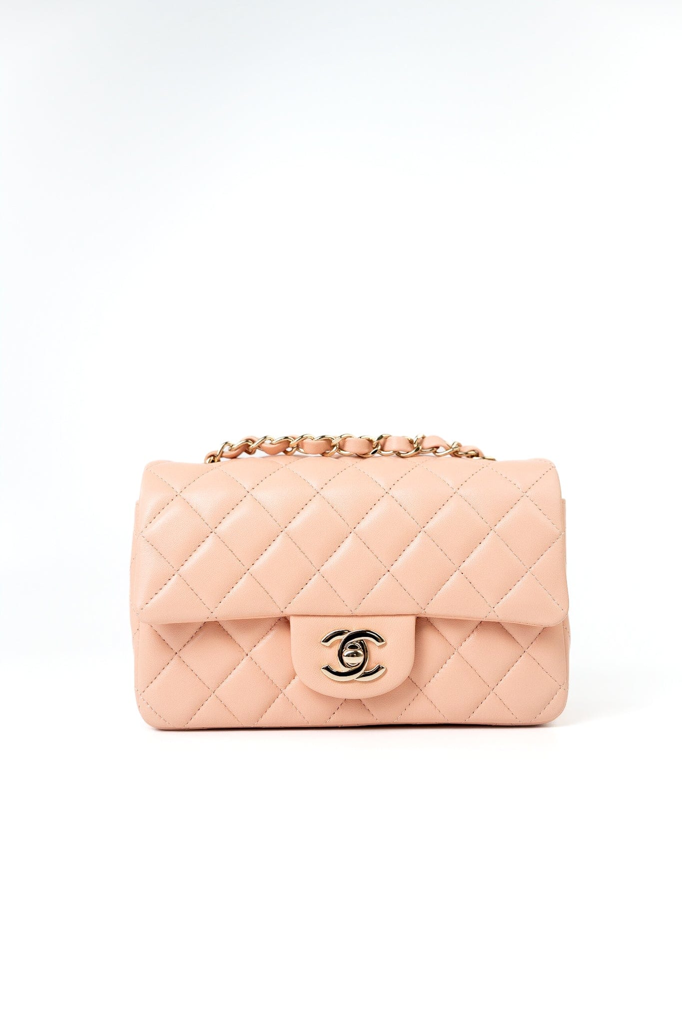 21P Rose Clair Pink/ Beige Lambskin Quilted Mini Rectangular Flap Light Gold Hardware